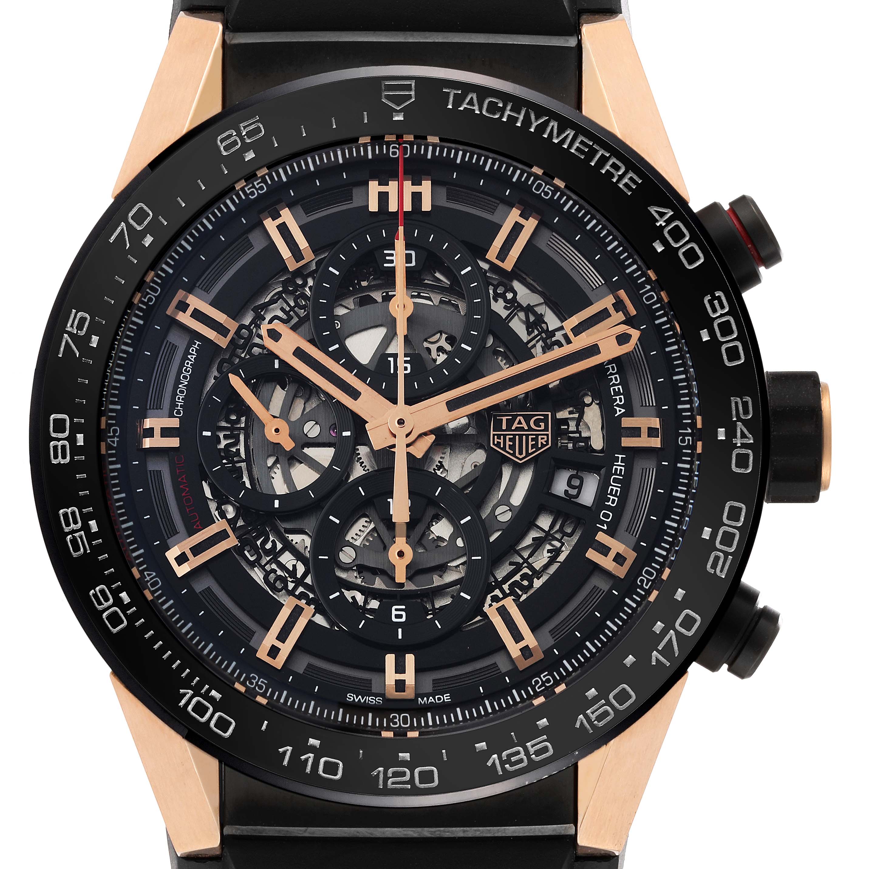 The image shows a close-up, front angle view of a Tag Heuer Carrera CAR2A5A Men's Titanium Transparent Dial CAR2A5A Men's Titanium Transparent Dial watch, highlighting the dial, bezel, and chronograph features.