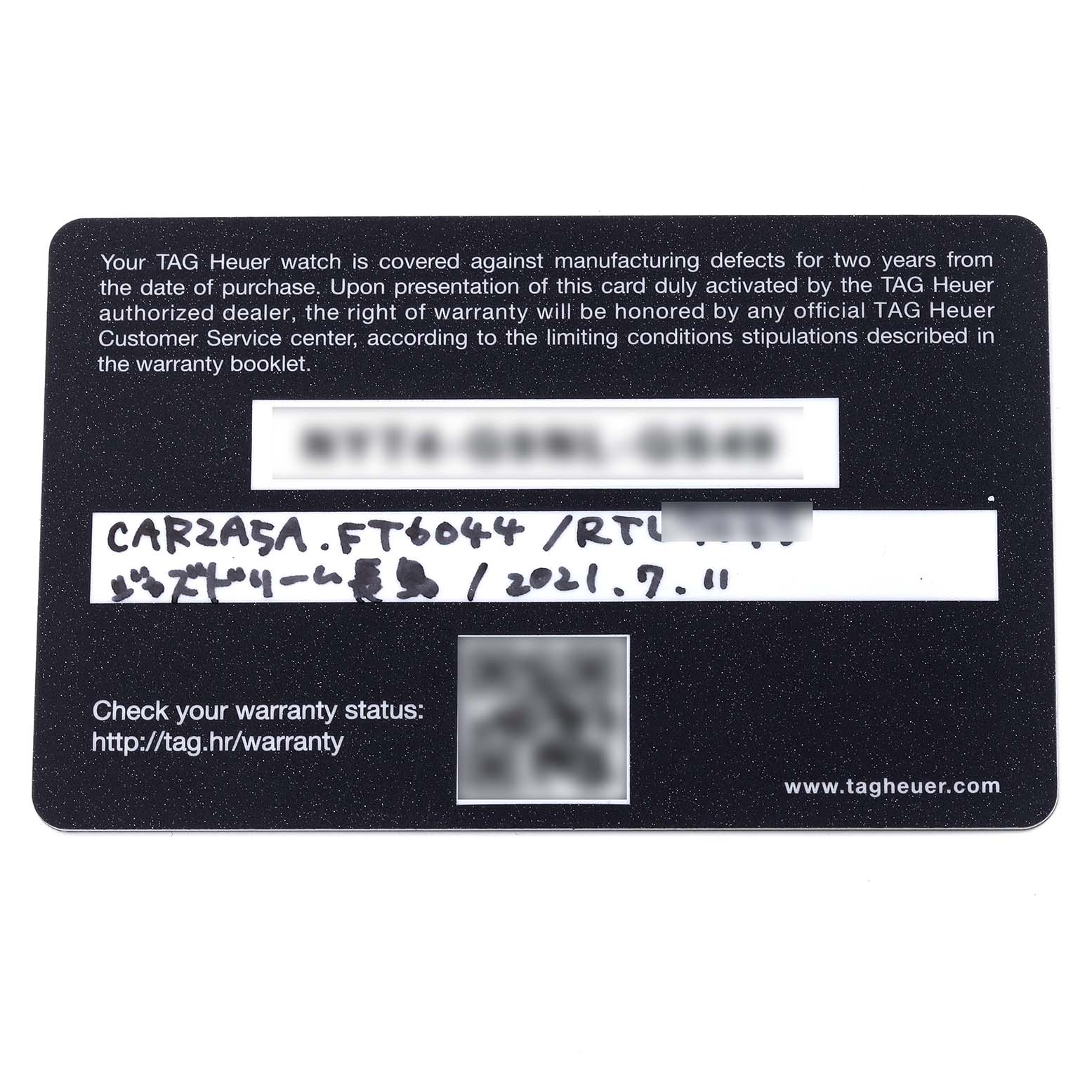 The image shows the warranty card for a Tag Heuer Carrera CAR2A5A Men's Titanium Transparent Dial CAR2A5A Men's Titanium Transparent Dial watch.