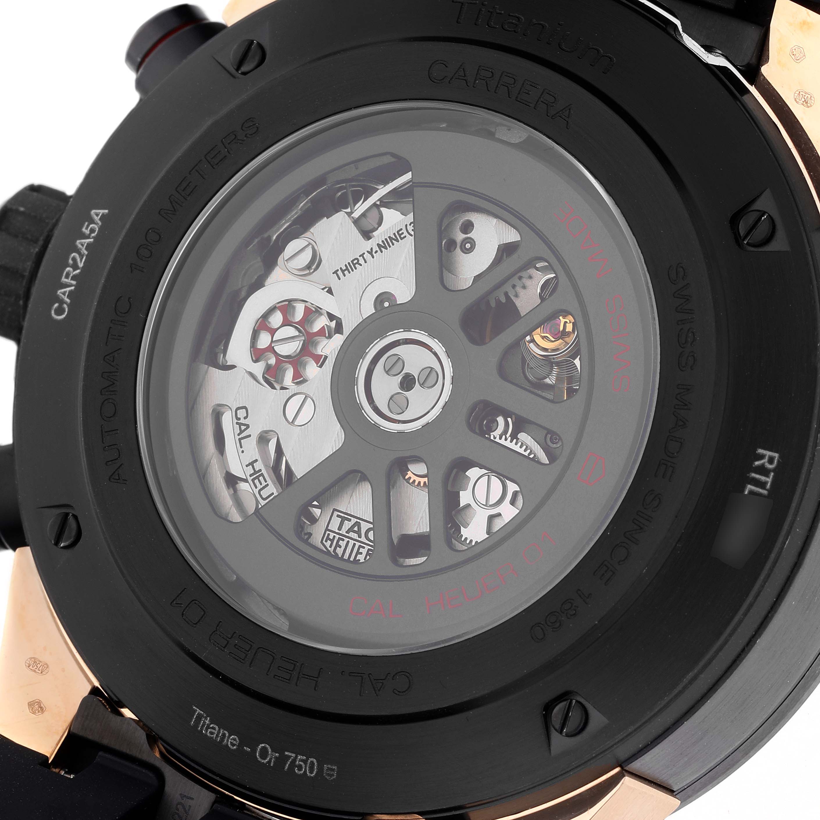 The image shows the back view of a Tag Heuer Carrera CAR2A5A Men's Titanium Transparent Dial CAR2A5A Men's Titanium Transparent Dial watch, revealing its mechanical movement and inner components.