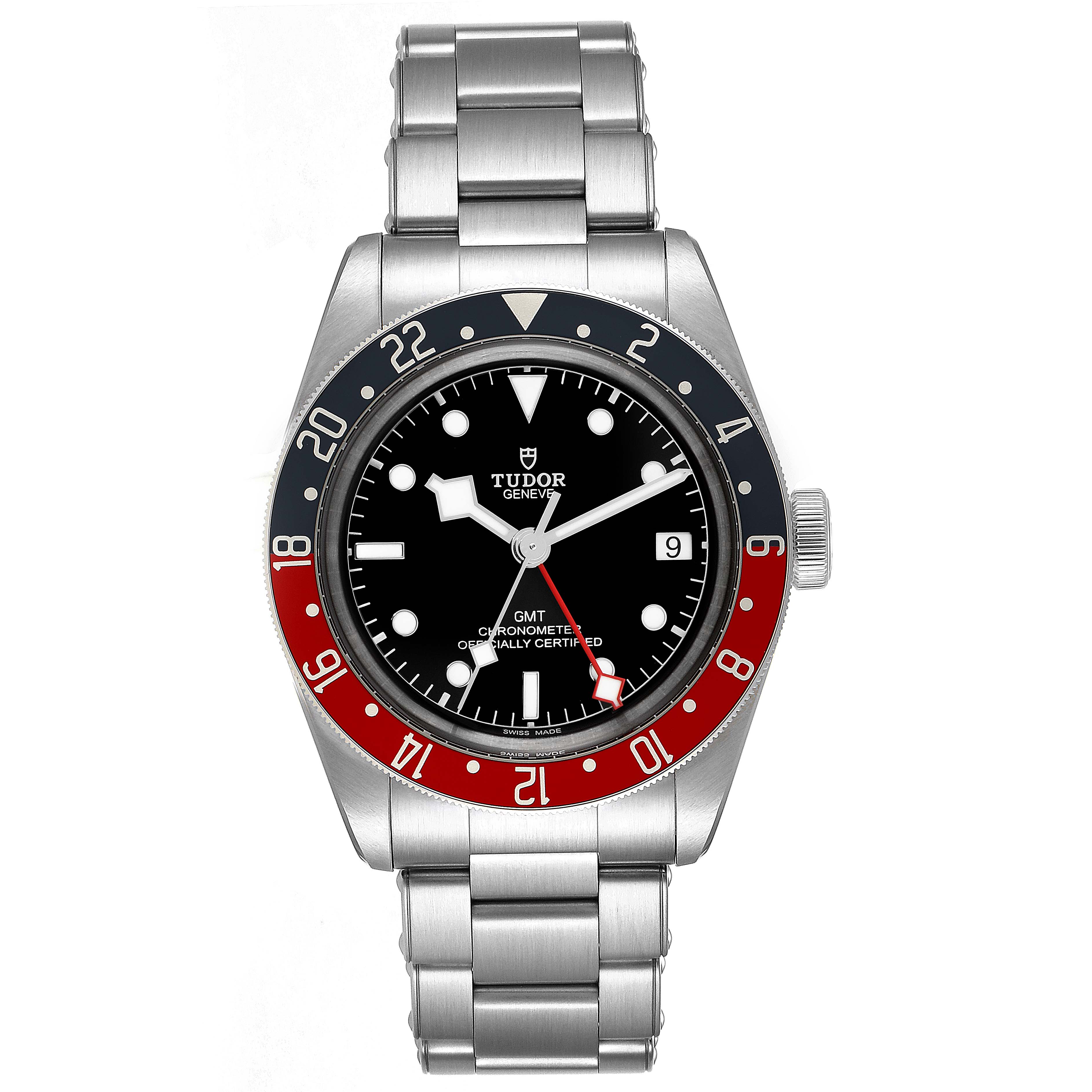 This is a front view of the Tudor Heritage Black Bay 79830RB Men
s Stainless Steel Black Dial 79830RB Men
s Stainless Steel Black Dial watch showing its face, bezel, and metal bracelet.