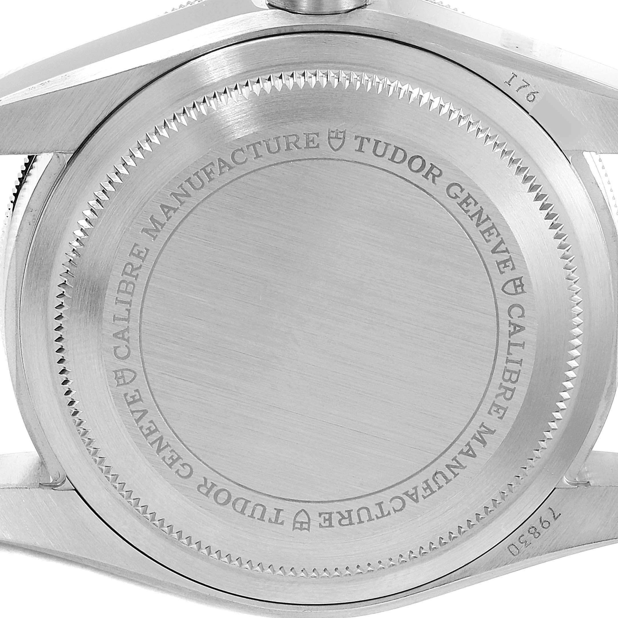 The image shows the backside of a Tudor Heritage Black Bay 79830RB Men
s Stainless Steel Black Dial 79830RB Men
s Stainless Steel Black Dial watch, highlighting its screw-down case back.