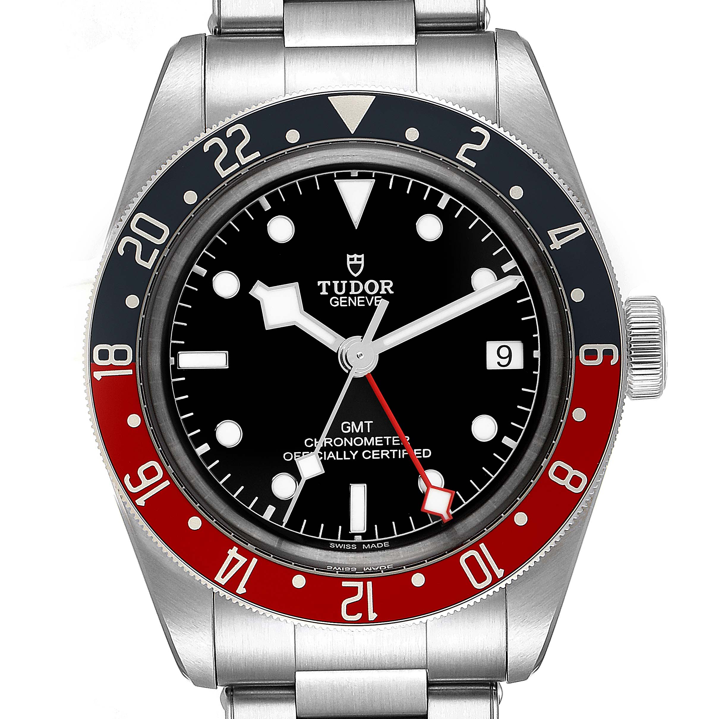 The image shows a front view of the Tudor Heritage Black Bay 79830RB Men
s Stainless Steel Black Dial 79830RB Men
s Stainless Steel Black Dial watch, highlighting the face, bezel, and part of the bracelet.