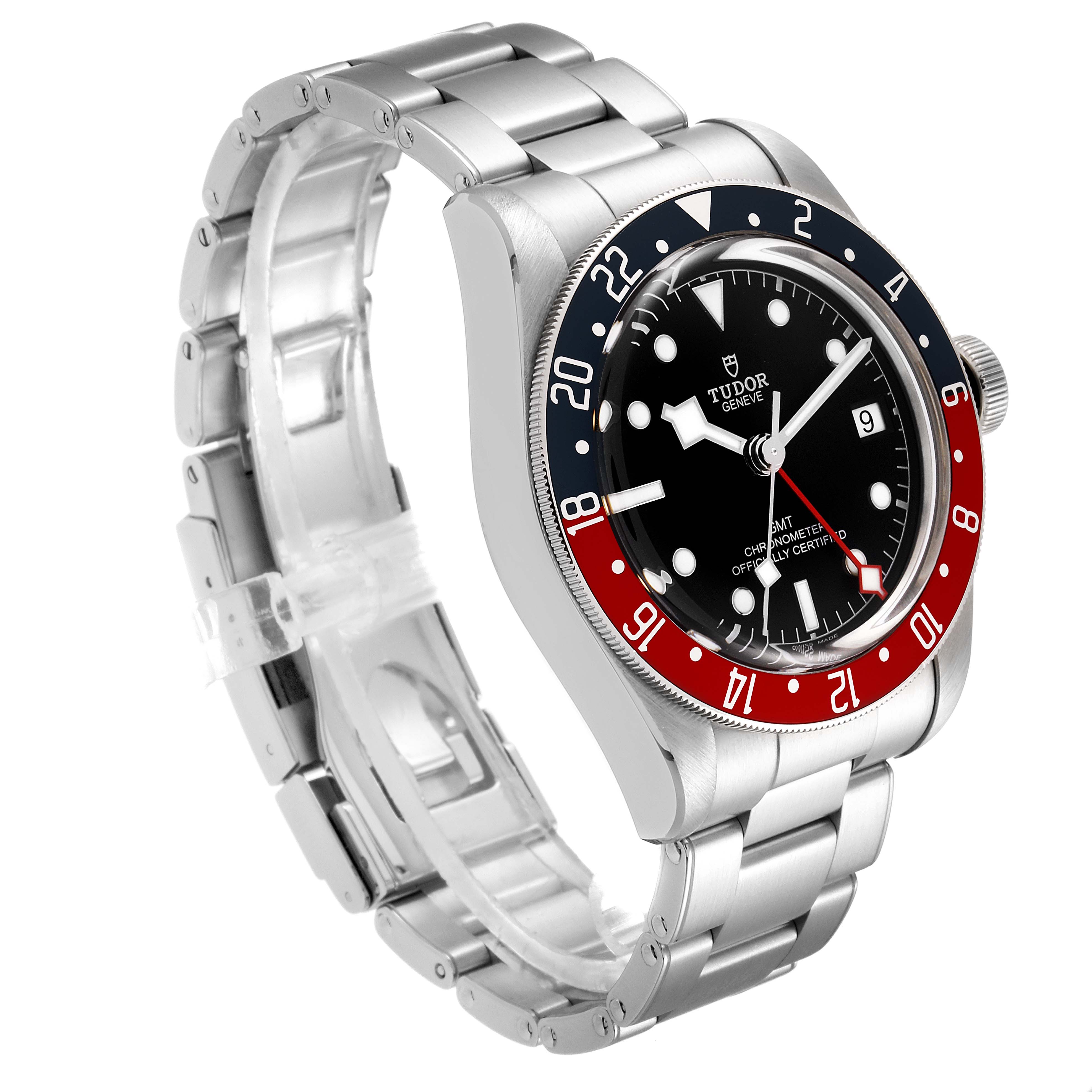 This image shows a Tudor Heritage Black Bay 79830RB Men
s Stainless Steel Black Dial 79830RB Men
s Stainless Steel Black Dial watch at a three-quarter angle, displaying the face, bezel, and bracelet.