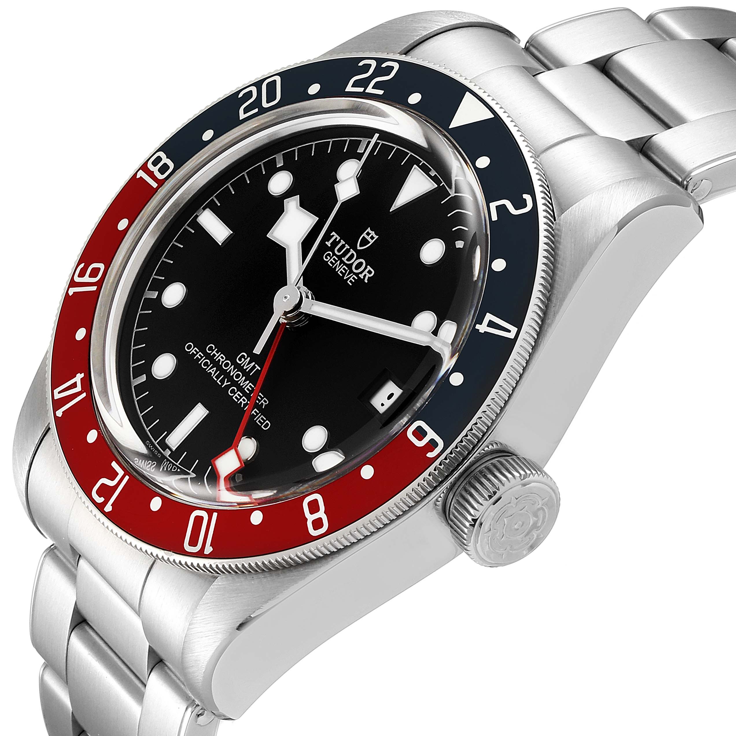 The Tudor Heritage Black Bay 79830RB Men
s Stainless Steel Black Dial 79830RB Men
s Stainless Steel Black Dial watch is shown at an angle focusing on the face, bezel, crown, and part of the bracelet.