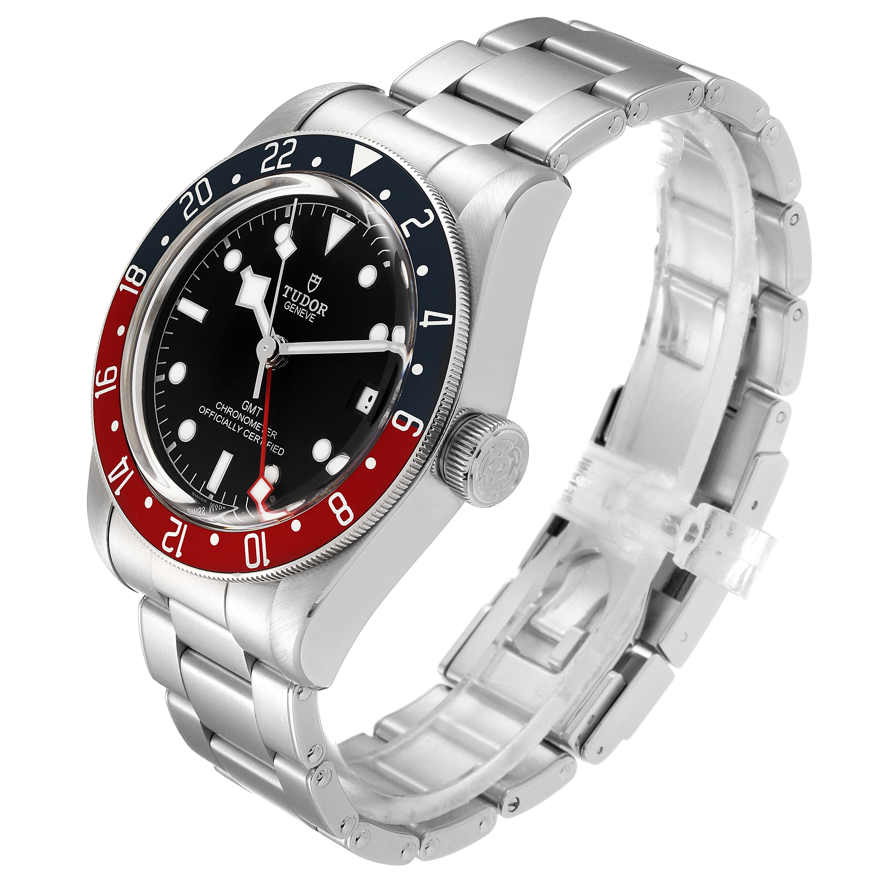 The image shows a side angle of a Tudor Heritage Black Bay 79830RB Men
s Stainless Steel Black Dial 79830RB Men
s Stainless Steel Black Dial watch, featuring the face, bezel, crown, and bracelet.