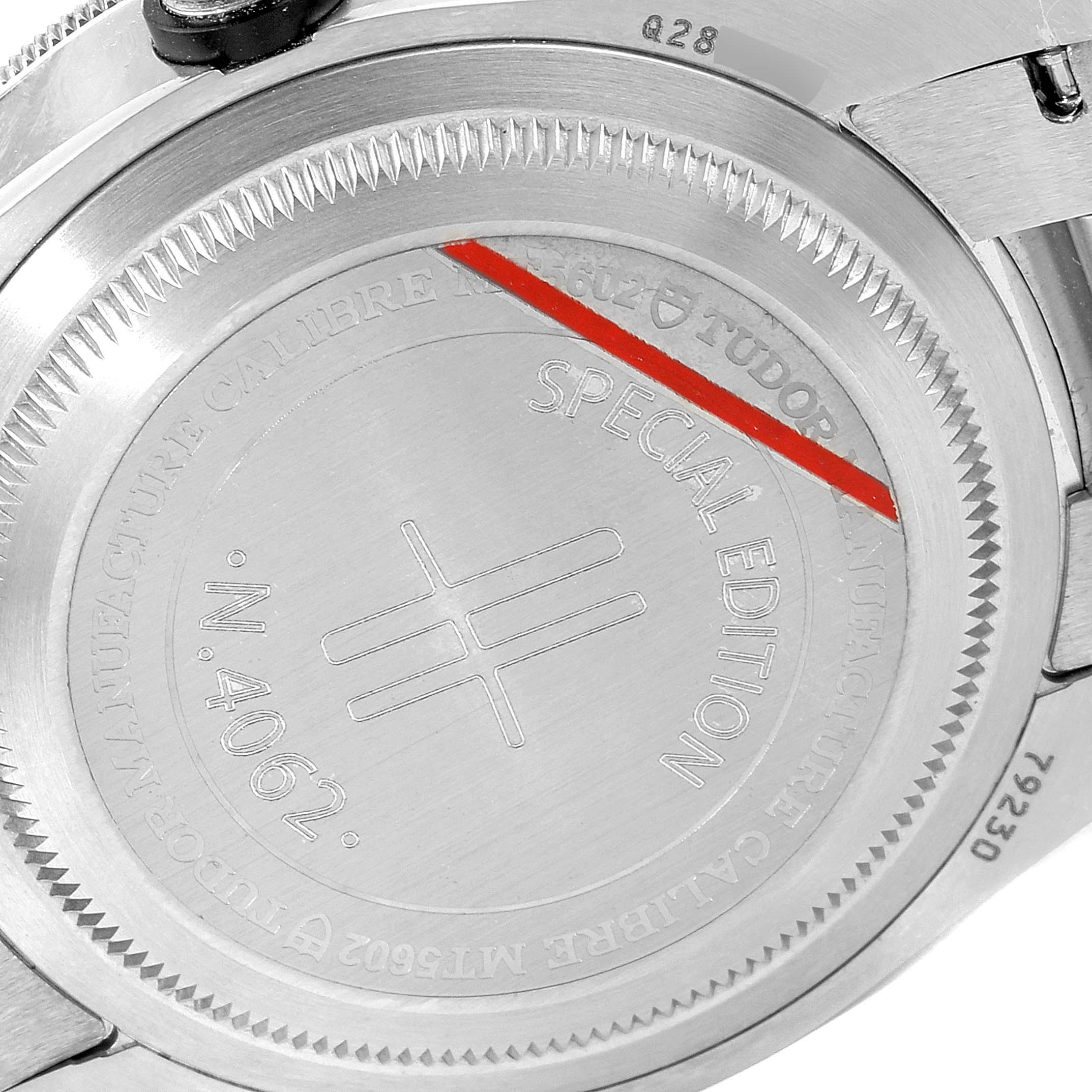 This is the back view of a Tudor Heritage Black Bay 79230G Men
s Stainless Steel Black Dial 79230G Men
s Stainless Steel Black Dial watch, showcasing the case back and engravings.