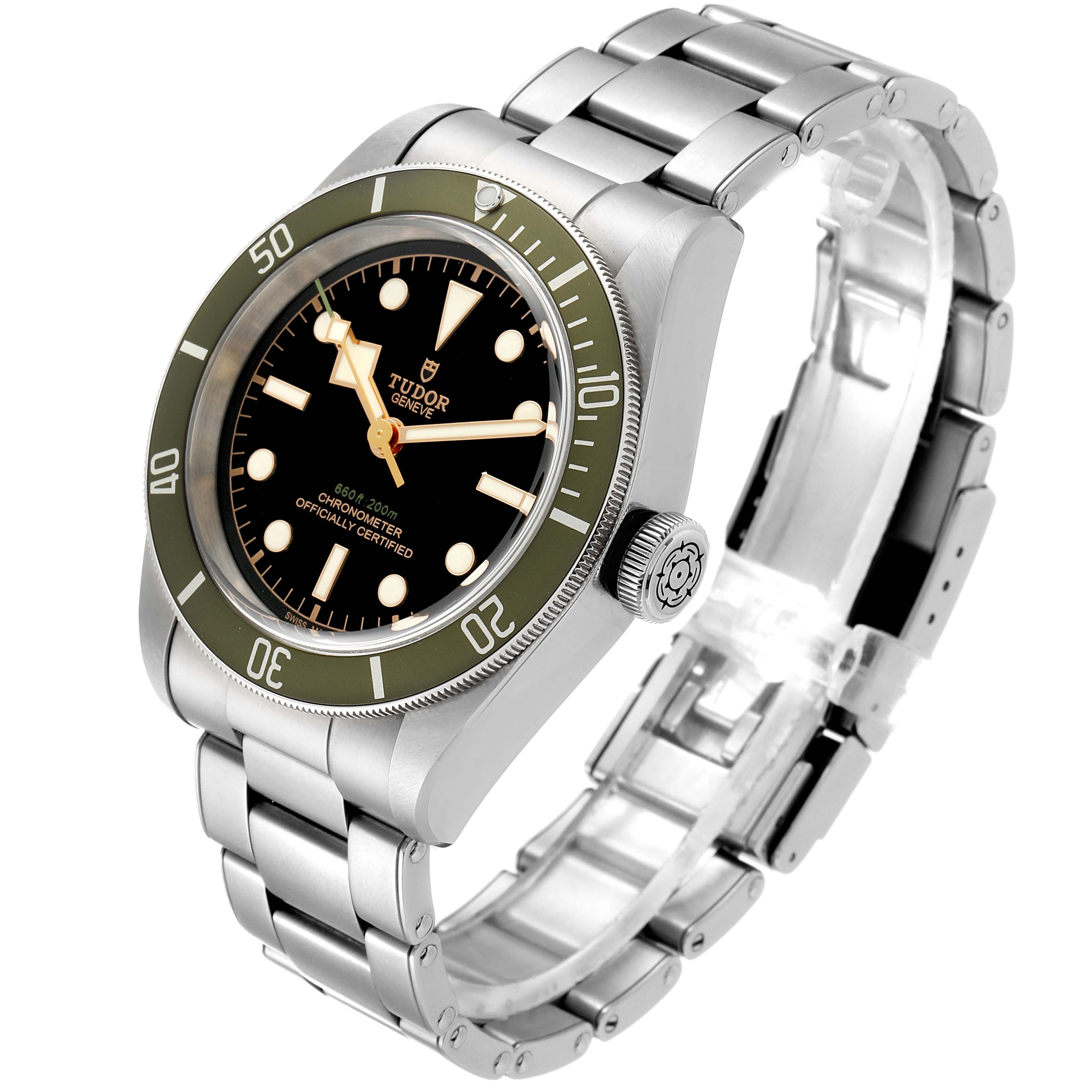 The image shows a Tudor Heritage Black Bay 79230G Men
s Stainless Steel Black Dial 79230G Men
s Stainless Steel Black Dial watch angled to display the face, bezel, crown, and bracelet.