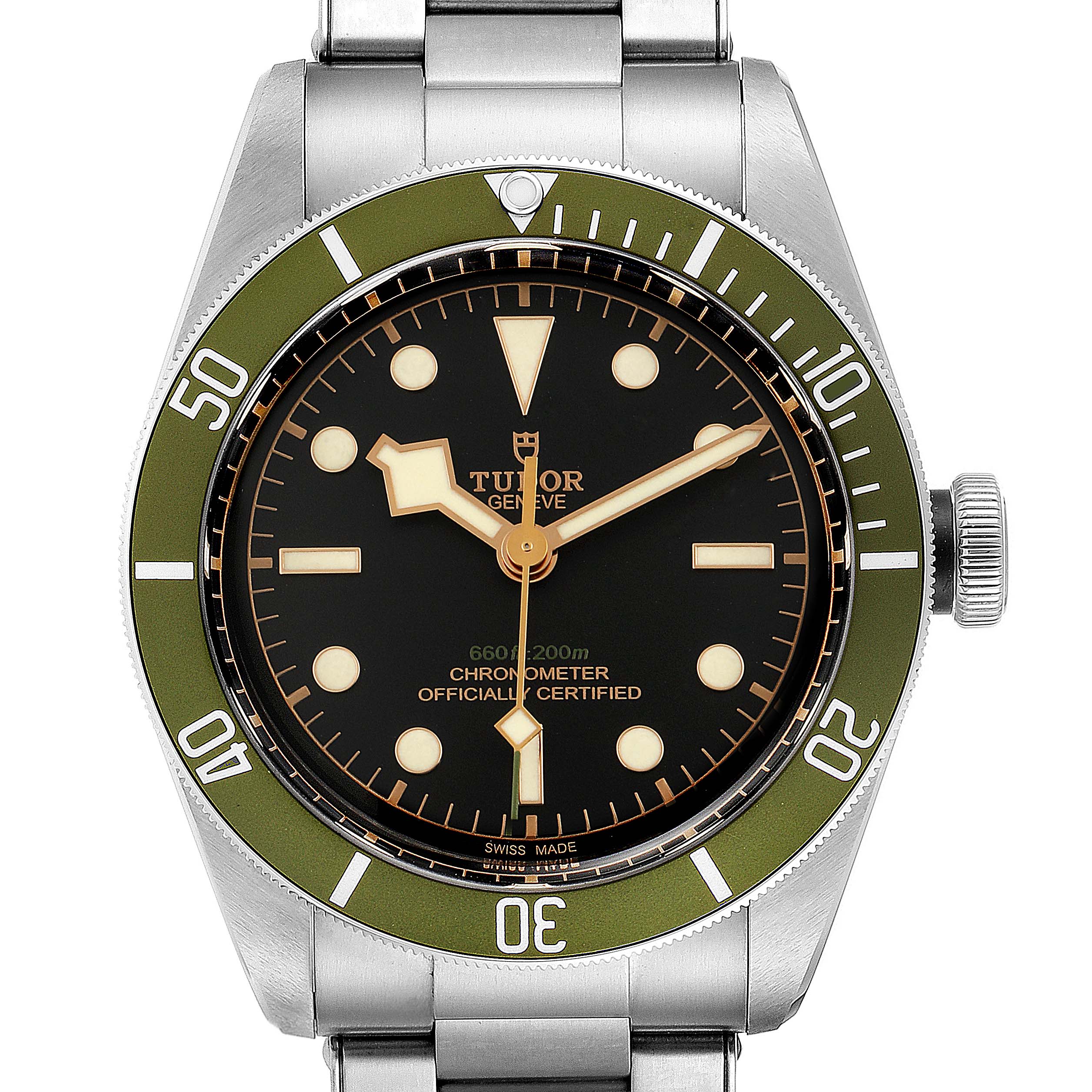 The Tudor Heritage Black Bay 79230G Men
s Stainless Steel Black Dial 79230G Men
s Stainless Steel Black Dial watch is shown from a top-down angle, highlighting its olive bezel, black dial, and metal bracelet.