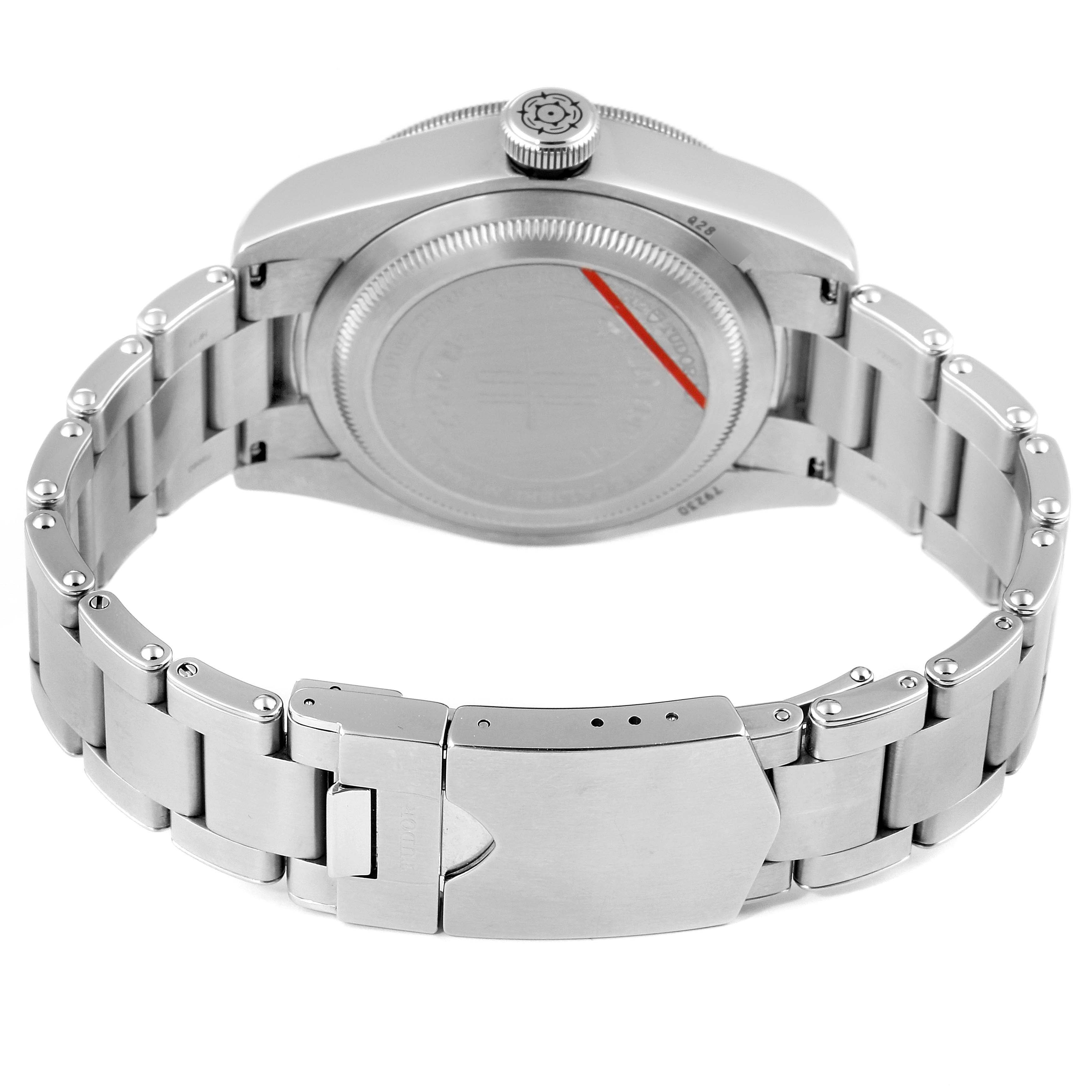 This image shows the underside and clasp of the Tudor Heritage Black Bay 79230G Men
s Stainless Steel Black Dial 79230G Men
s Stainless Steel Black Dial watch, highlighting its stainless steel bracelet and case back.