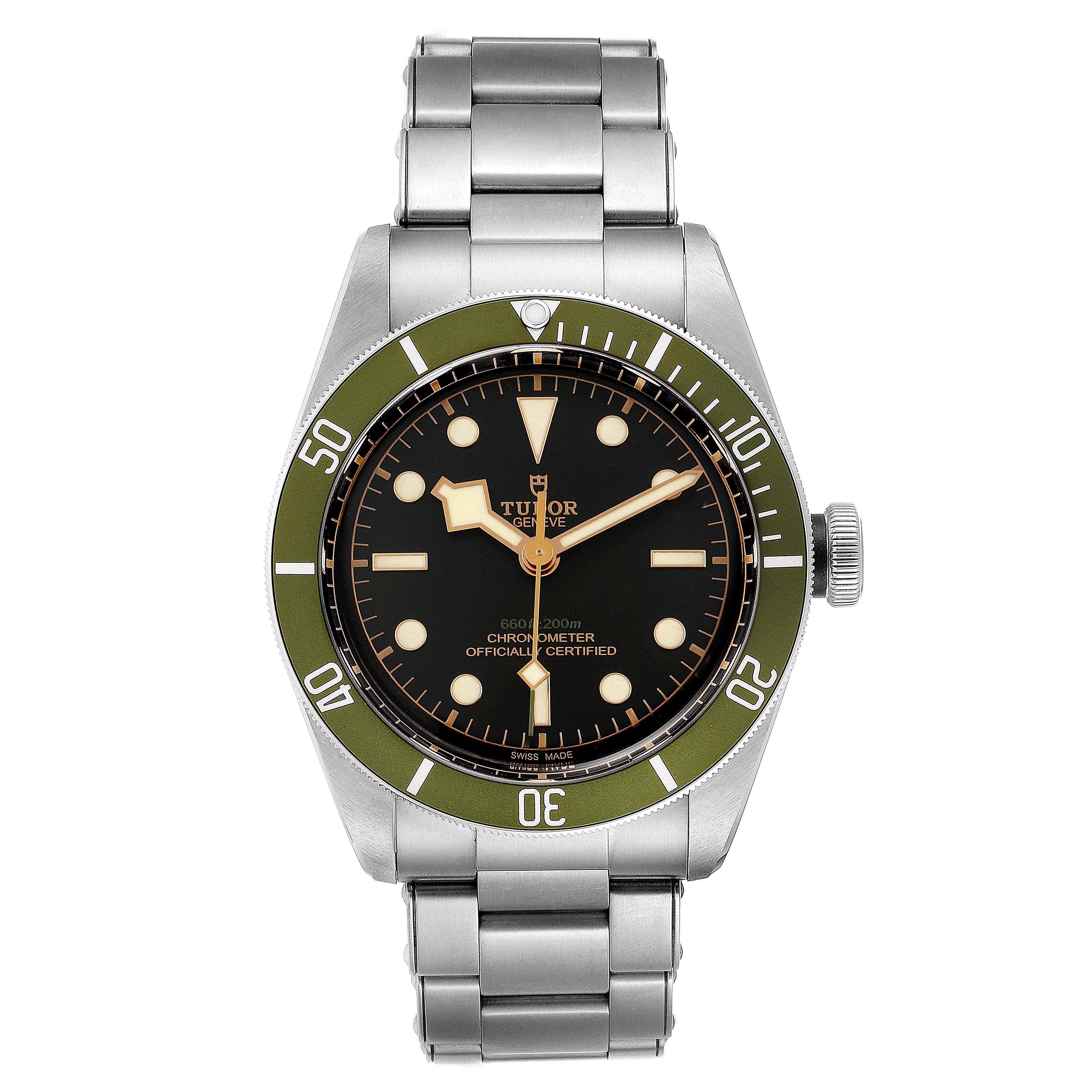 The image shows a front view of the Tudor Heritage Black Bay 79230G Men
s Stainless Steel Black Dial 79230G Men
s Stainless Steel Black Dial watch, displaying the dial, bezel, and bracelet.