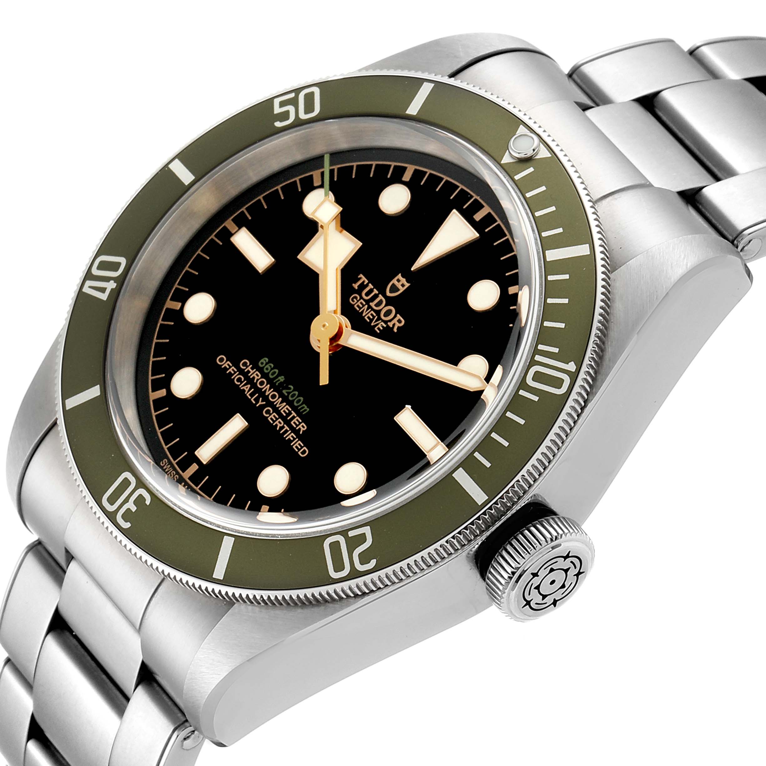 The Tudor Heritage Black Bay 79230G Men
s Stainless Steel Black Dial 79230G Men
s Stainless Steel Black Dial watch is shown at a slight angle, displaying the face, crown, and part of the bracelet.