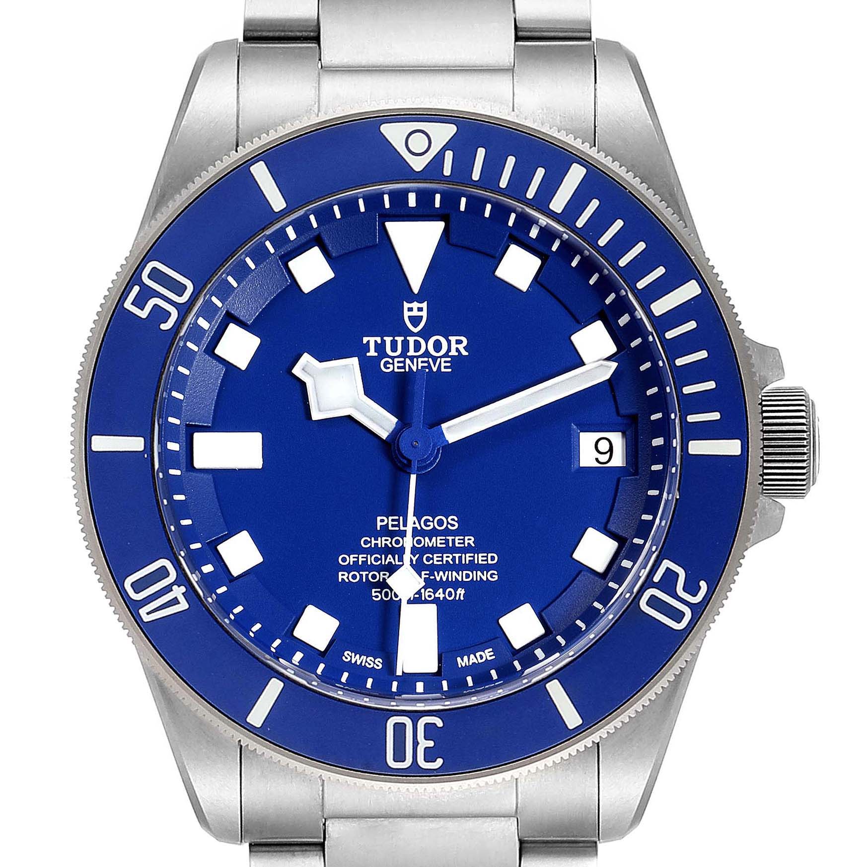 The image shows a front view of the Tudor Pelagos 25600TV Men's Titanium Blue Dial 25600TV Men's Titanium Blue Dial watch, highlighting its dial, bezel, hands, and part of the bracelet.