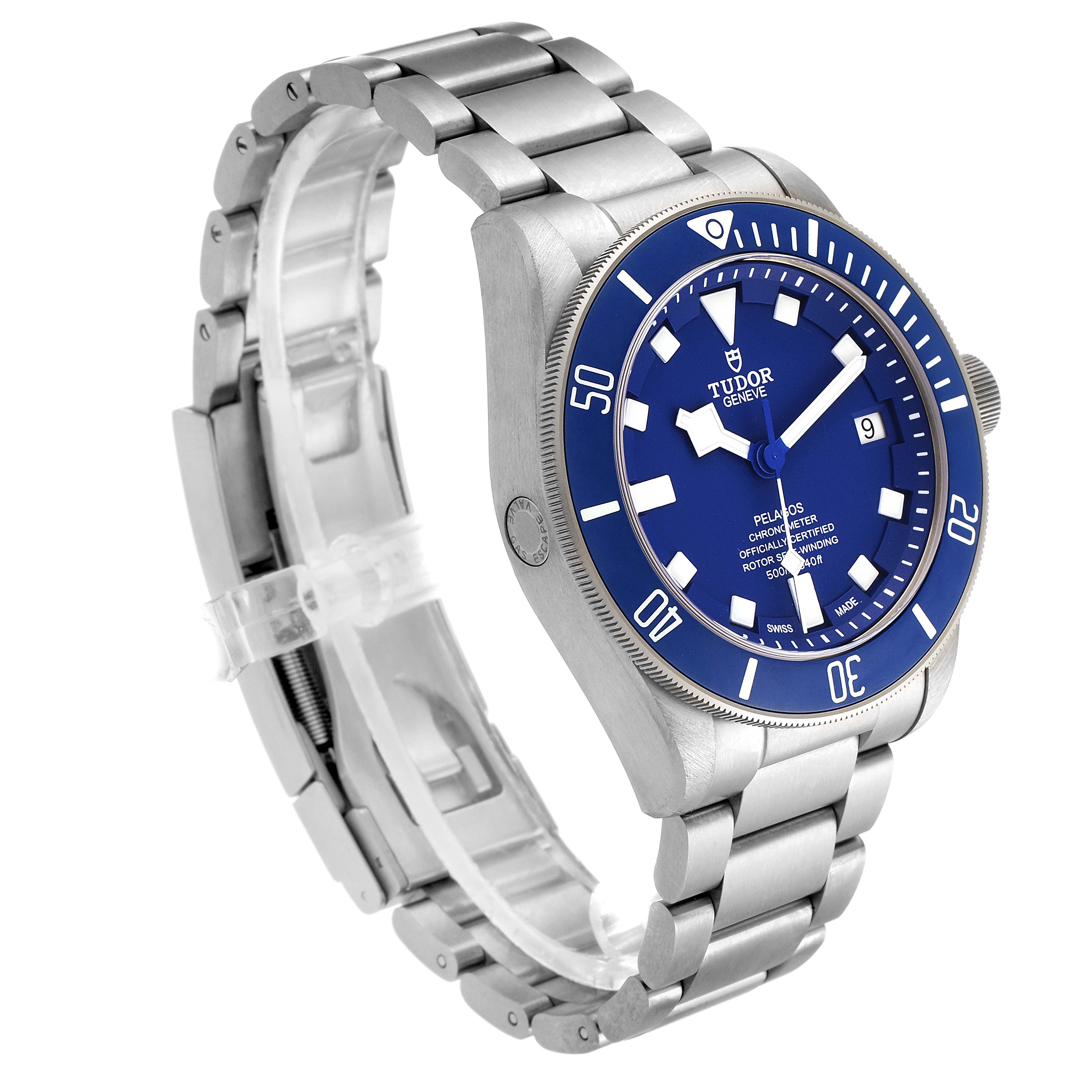 The Tudor Pelagos 25600TV Men's Titanium Blue Dial 25600TV Men's Titanium Blue Dial watch is shown at a three-quarter angle, displaying the face, bezel, crown, and metal bracelet.
