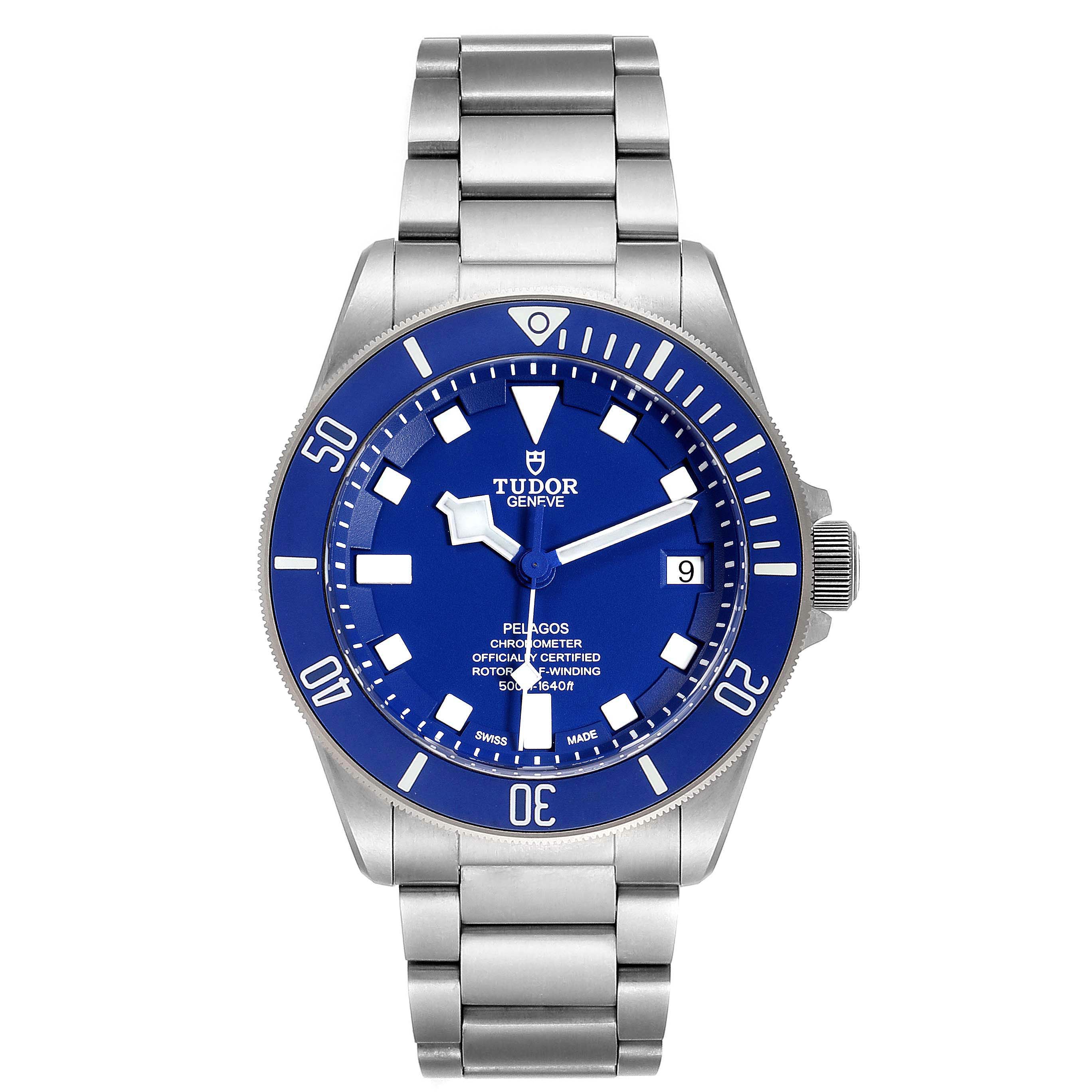 The image shows a front view of the Tudor Pelagos 25600TV Men's Titanium Blue Dial 25600TV Men's Titanium Blue Dial watch, featuring its blue dial, bezel, and bracelet.