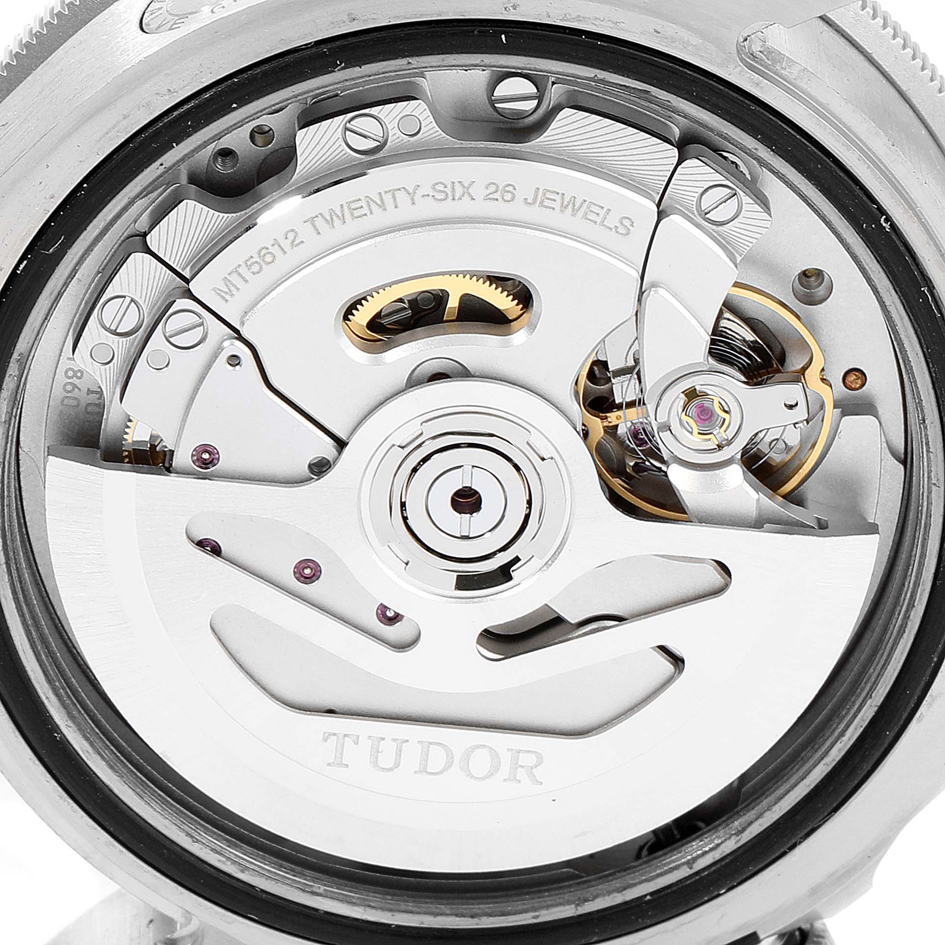 The image shows a close-up view of the movement mechanism inside a Tudor Pelagos 25600TV Men's Titanium Blue Dial 25600TV Men's Titanium Blue Dial watch.