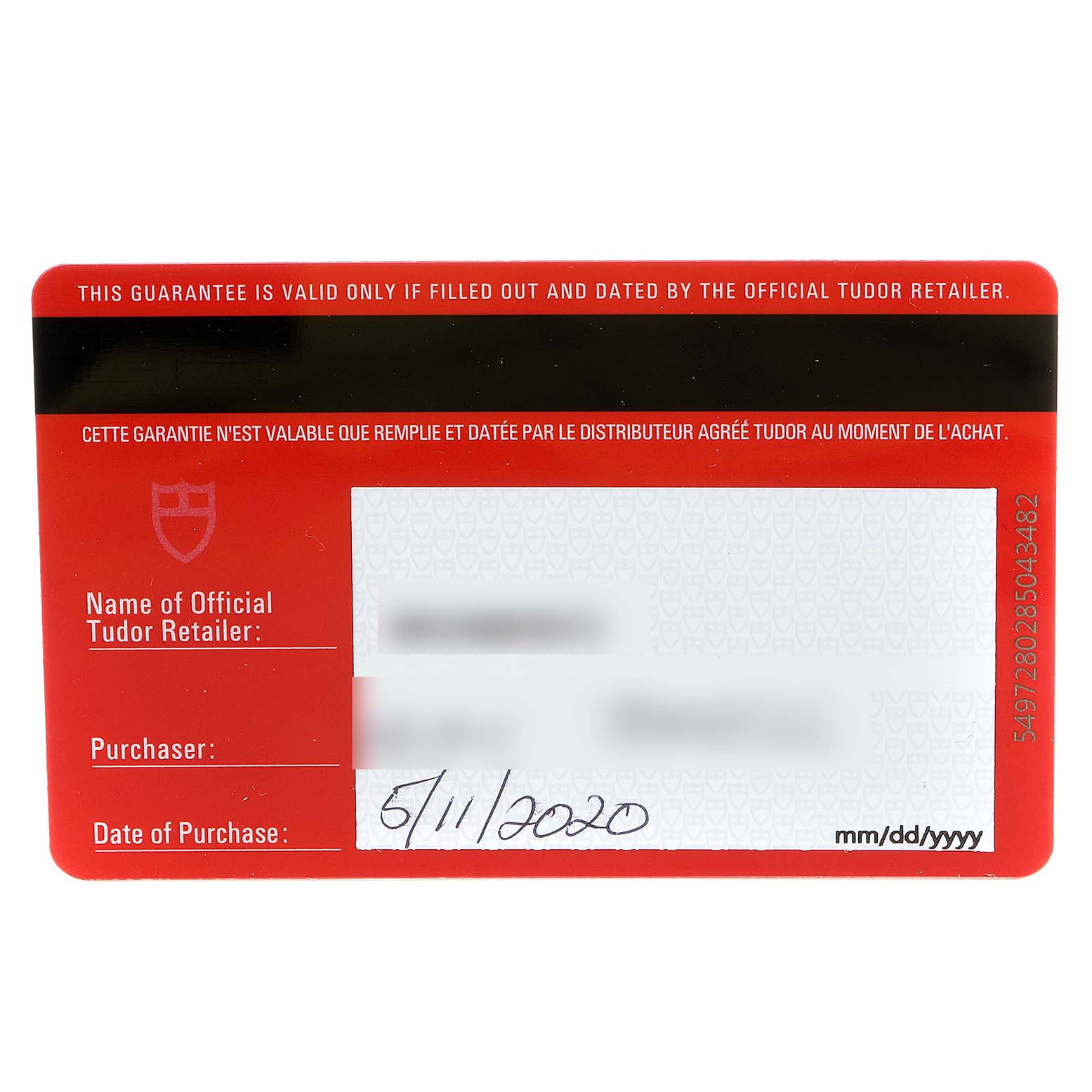 This image shows the warranty card for the Tudor Pelagos 25600TV Men's Titanium Blue Dial 25600TV Men's Titanium Blue Dial watch model, including the purchase date and retailer information.