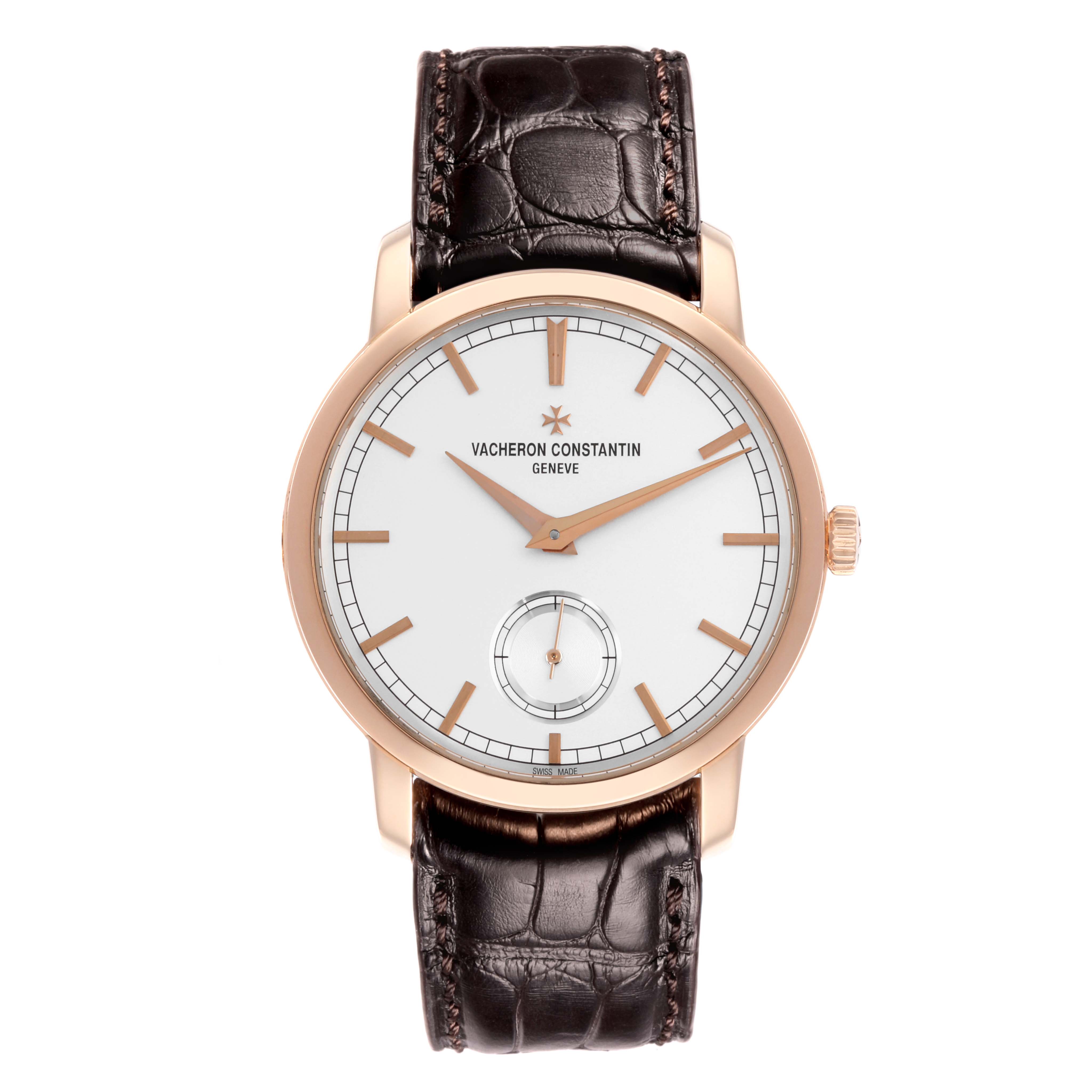 The Vacheron Constantin Traditionnelle 82172/000R-9382 Men's Rose Gold Silver Dial 82172/000R-9382 Men's Rose Gold Silver Dial watch is shown from the front, displaying the face, hands, and leather strap.