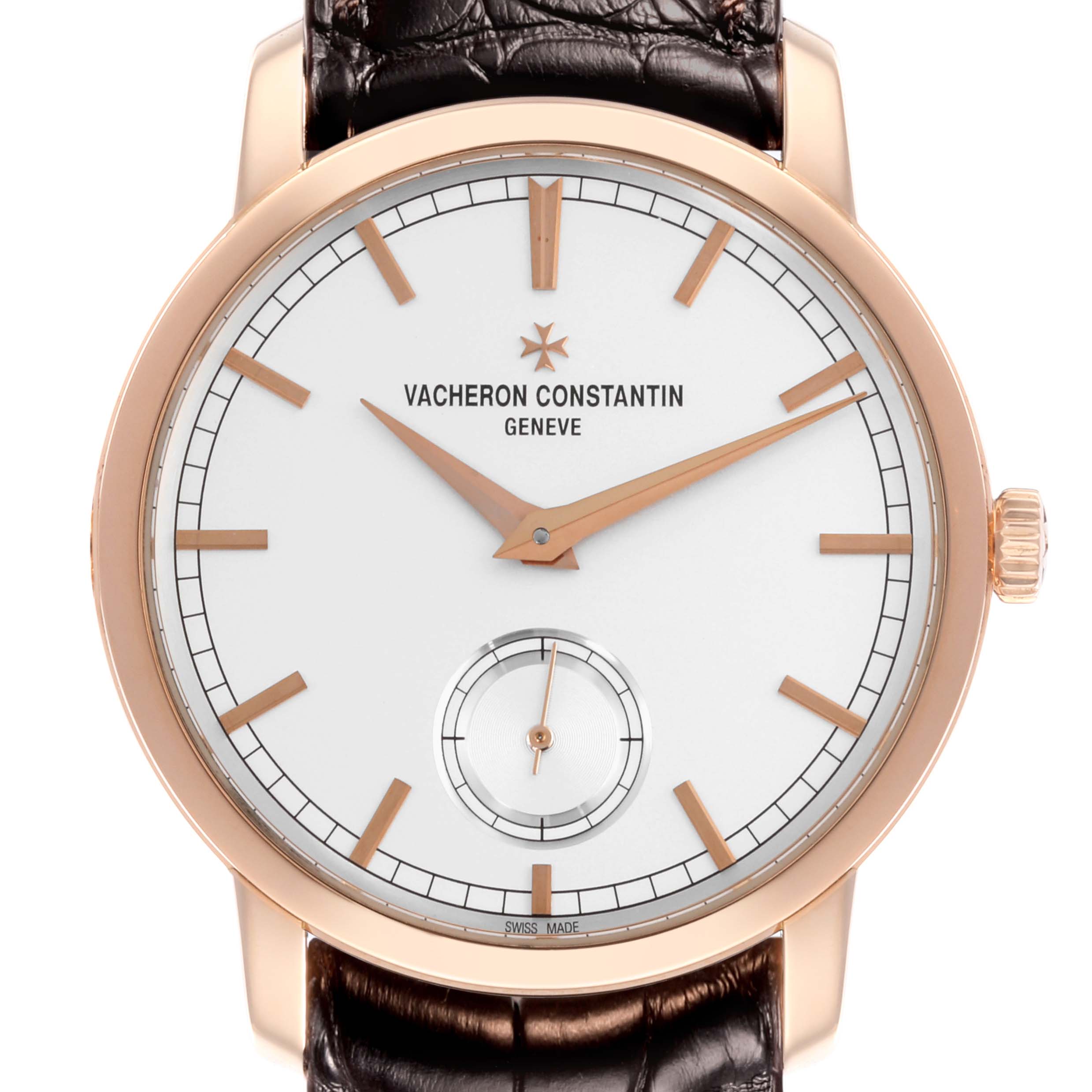 The Vacheron Constantin Traditionnelle 82172/000R-9382 Men's Rose Gold Silver Dial 82172/000R-9382 Men's Rose Gold Silver Dial watch is shown from the front, displaying the face, hour markers, and partial strap.