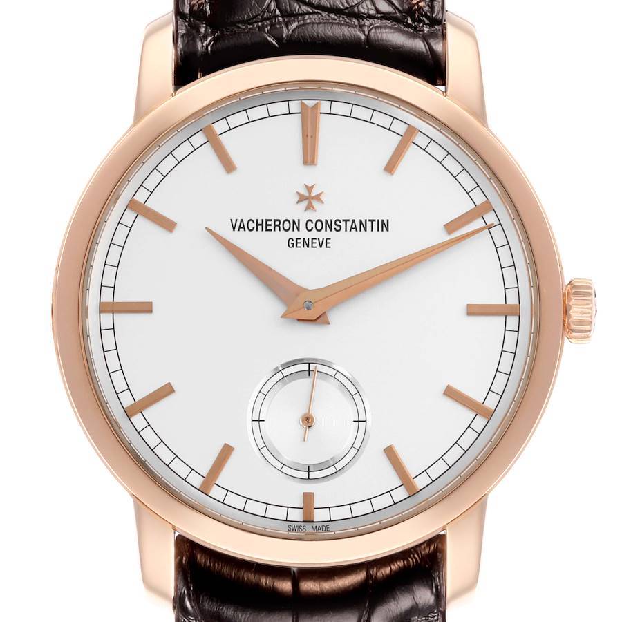 The Vacheron Constantin Traditionnelle watch is shown from the front, displaying the face, hour markers, and partial strap.