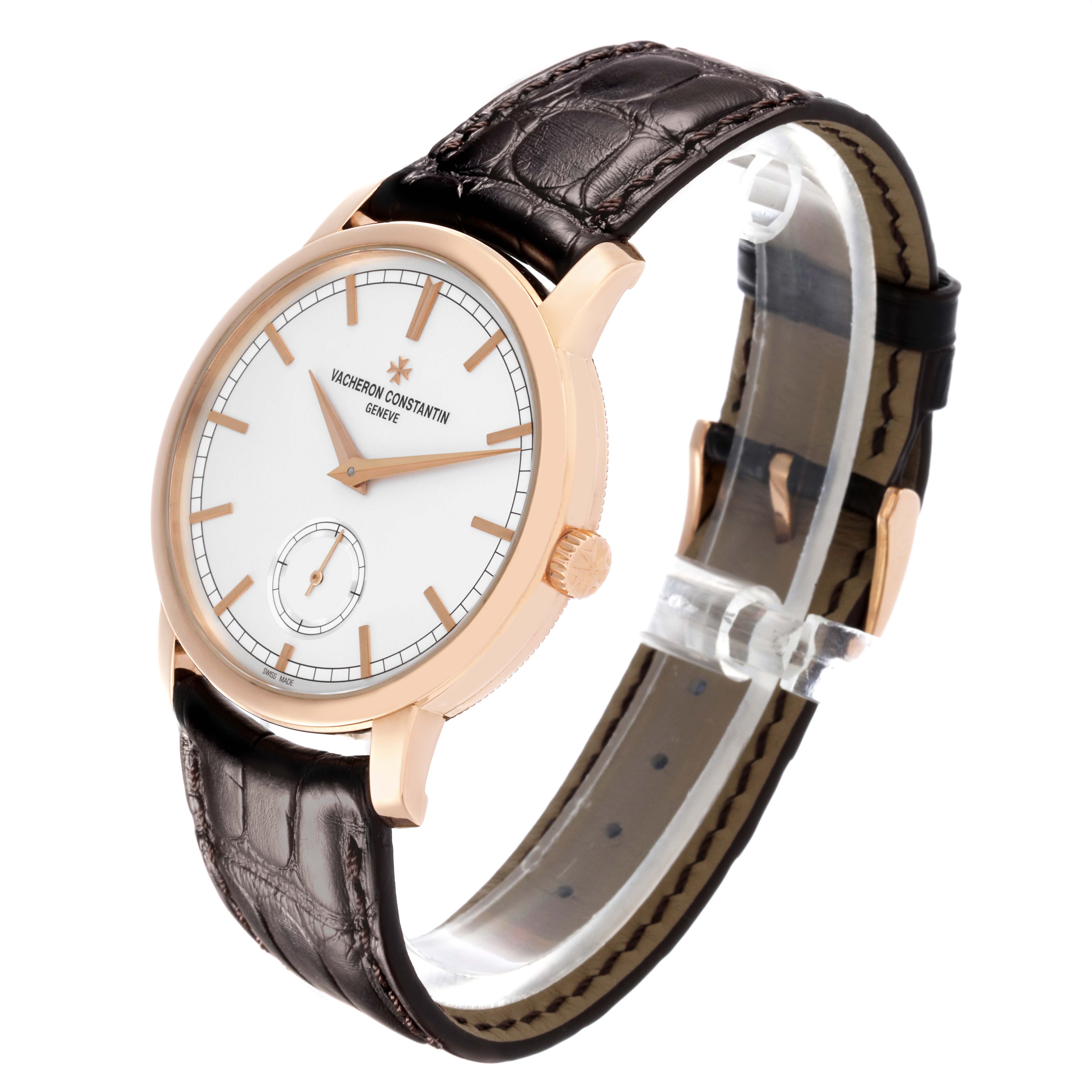 The Traditionnelle model by Vacheron Constantin is shown at a three-quarter angle, highlighting the dial, case, and leather strap.