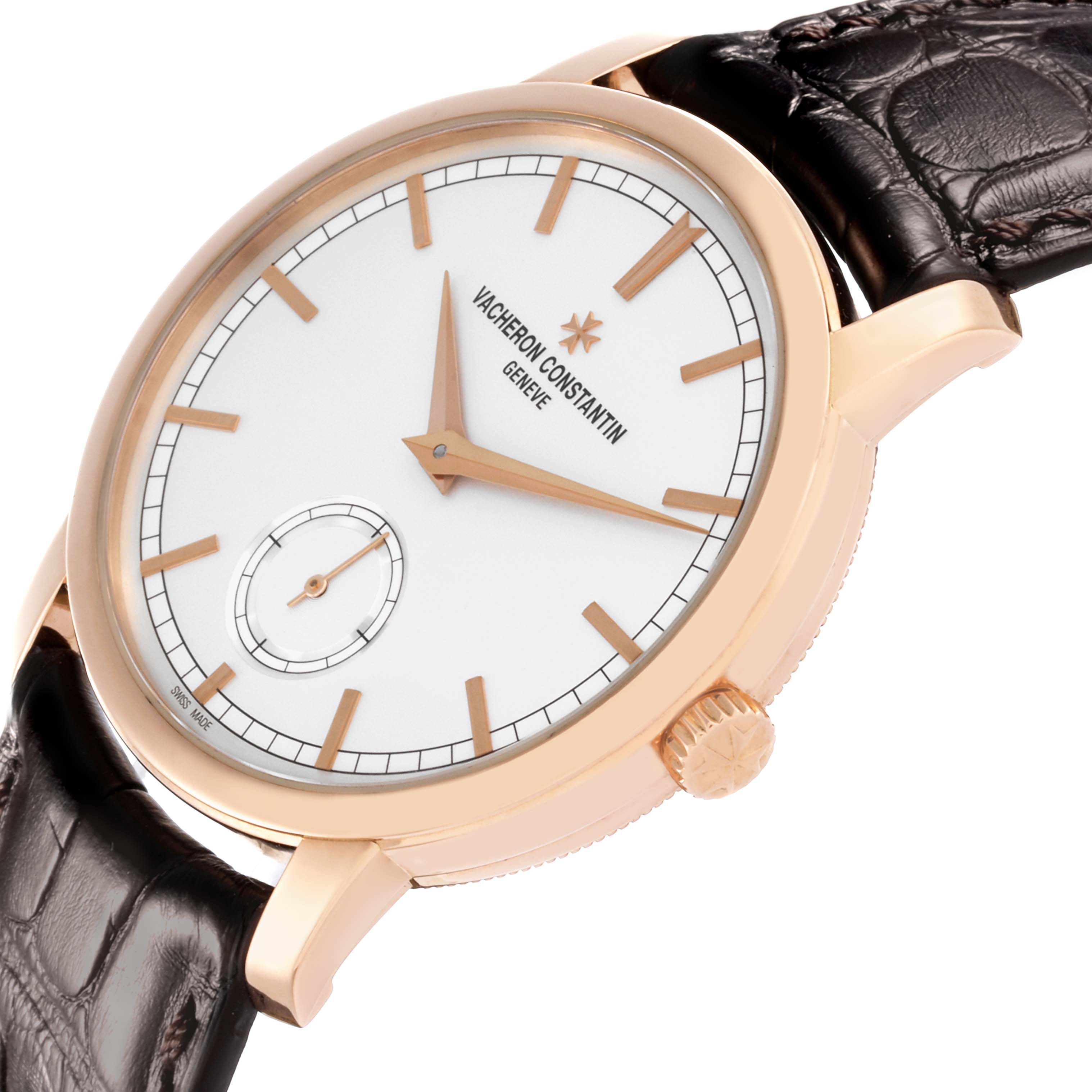 The Vacheron Constantin Traditionnelle 82172/000R-9382 Men's Rose Gold Silver Dial 82172/000R-9382 Men's Rose Gold Silver Dial watch is shown from a front side angle, highlighting the dial, case, crown, and leather strap.