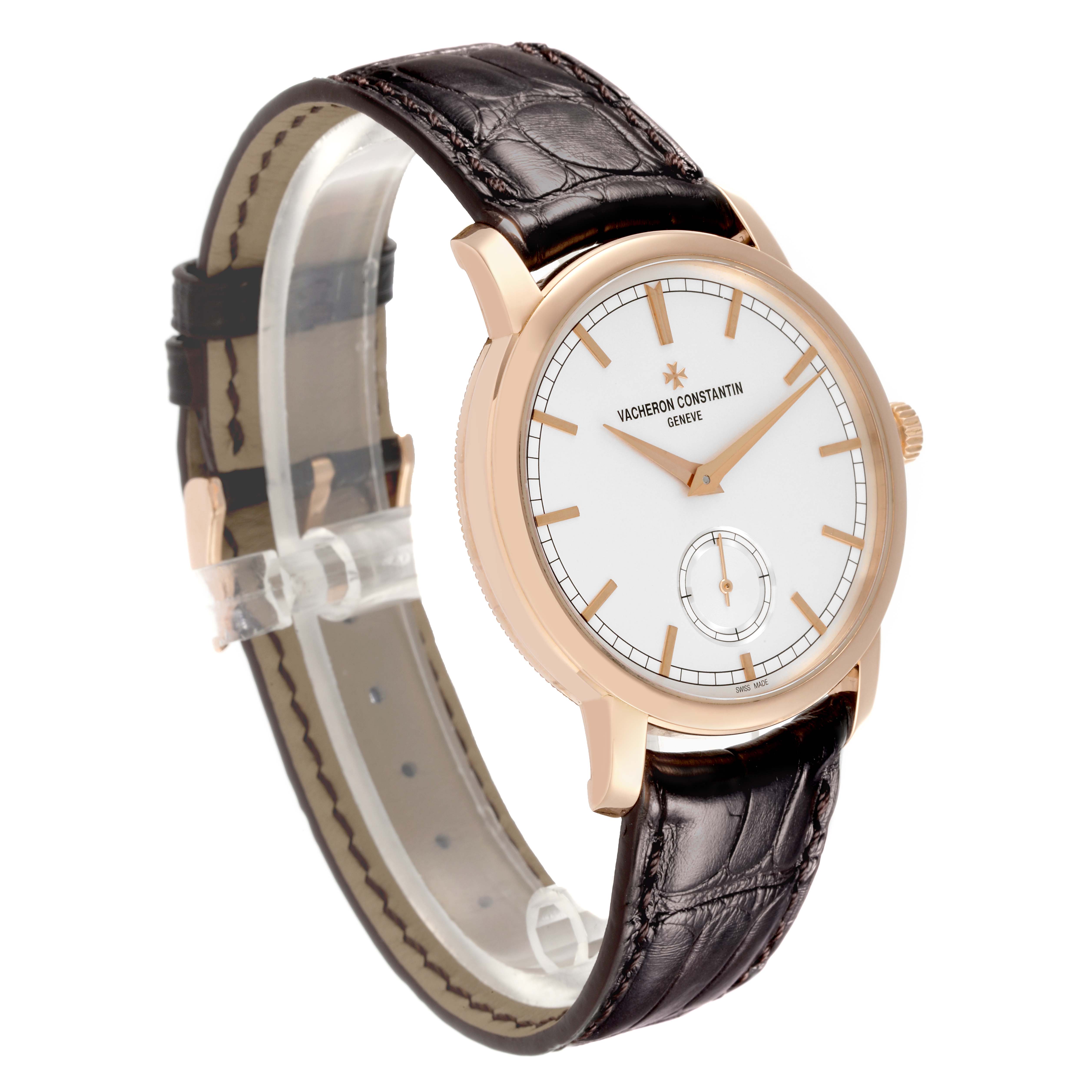 The Vacheron Constantin Traditionnelle 82172/000R-9382 Men's Rose Gold Silver Dial 82172/000R-9382 Men's Rose Gold Silver Dial watch is shown at a front-left angle, displaying the face, case, and leather strap.
