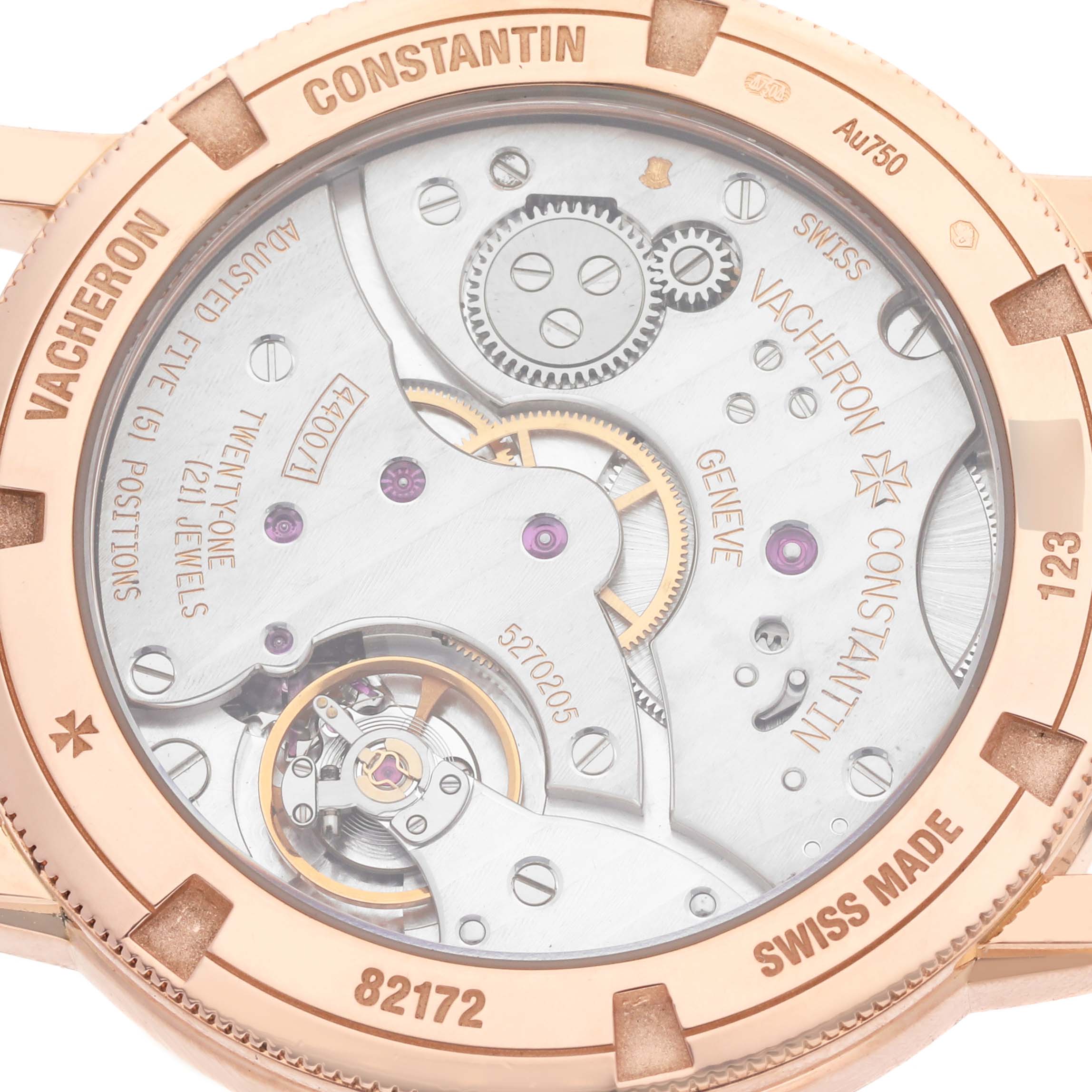 The image shows the back view of a Vacheron Constantin Traditionnelle 82172/000R-9382 Men's Rose Gold Silver Dial 82172/000R-9382 Men's Rose Gold Silver Dial watch, highlighting the mechanical movement.
