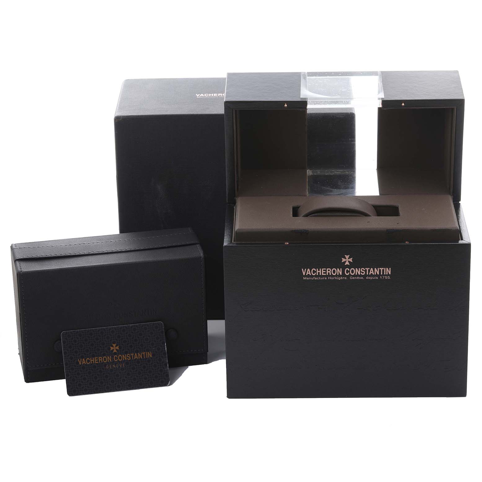 The image shows the boxes and packaging accessories for the Vacheron Constantin Traditionnelle 82172/000R-9382 Men's Rose Gold Silver Dial 82172/000R-9382 Men's Rose Gold Silver Dial model, with an open presentation box.