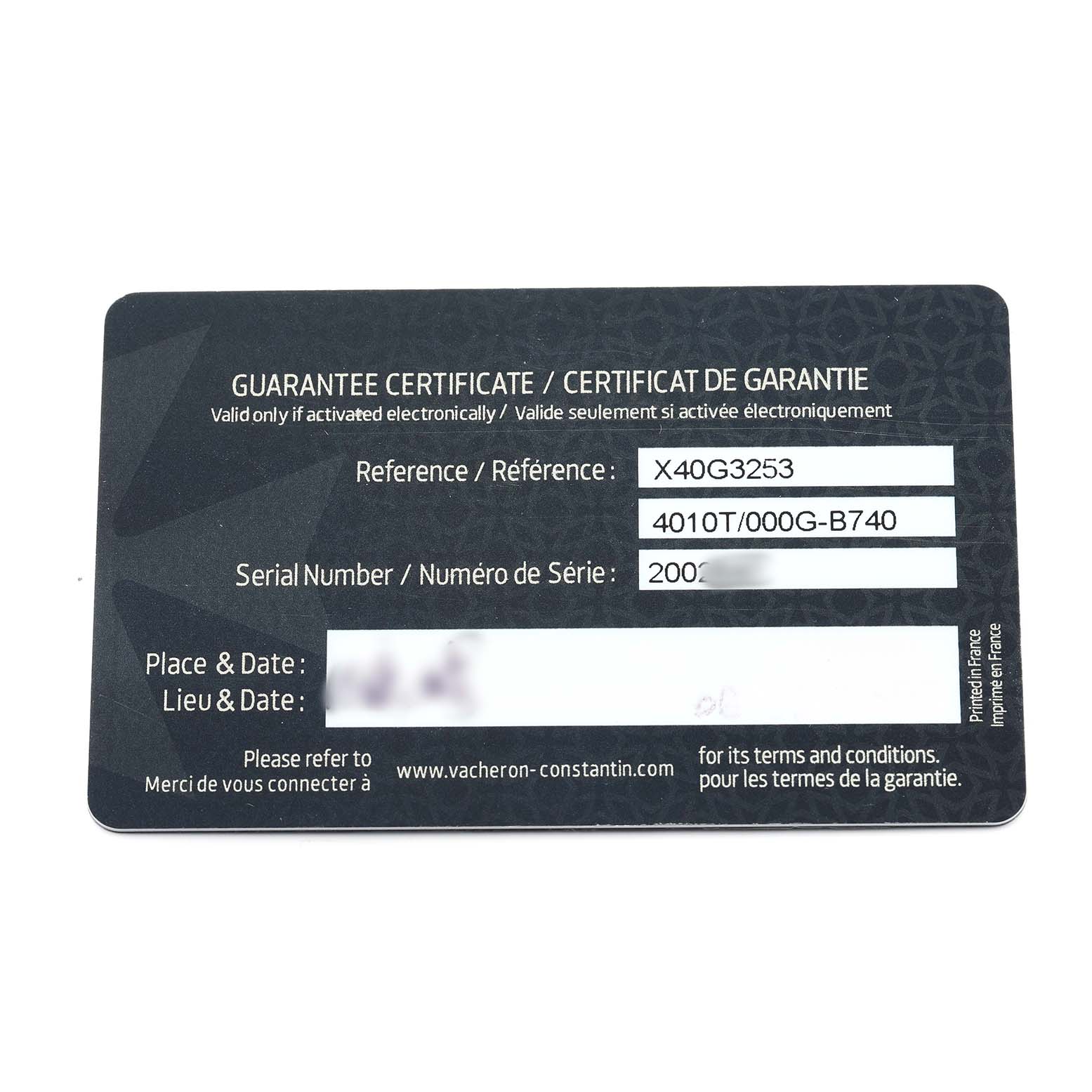 The image shows a warranty certificate for the Vacheron Constantin Traditionnelle 4010T/000G-B740 Men's White Gold Grey Dial watch model.