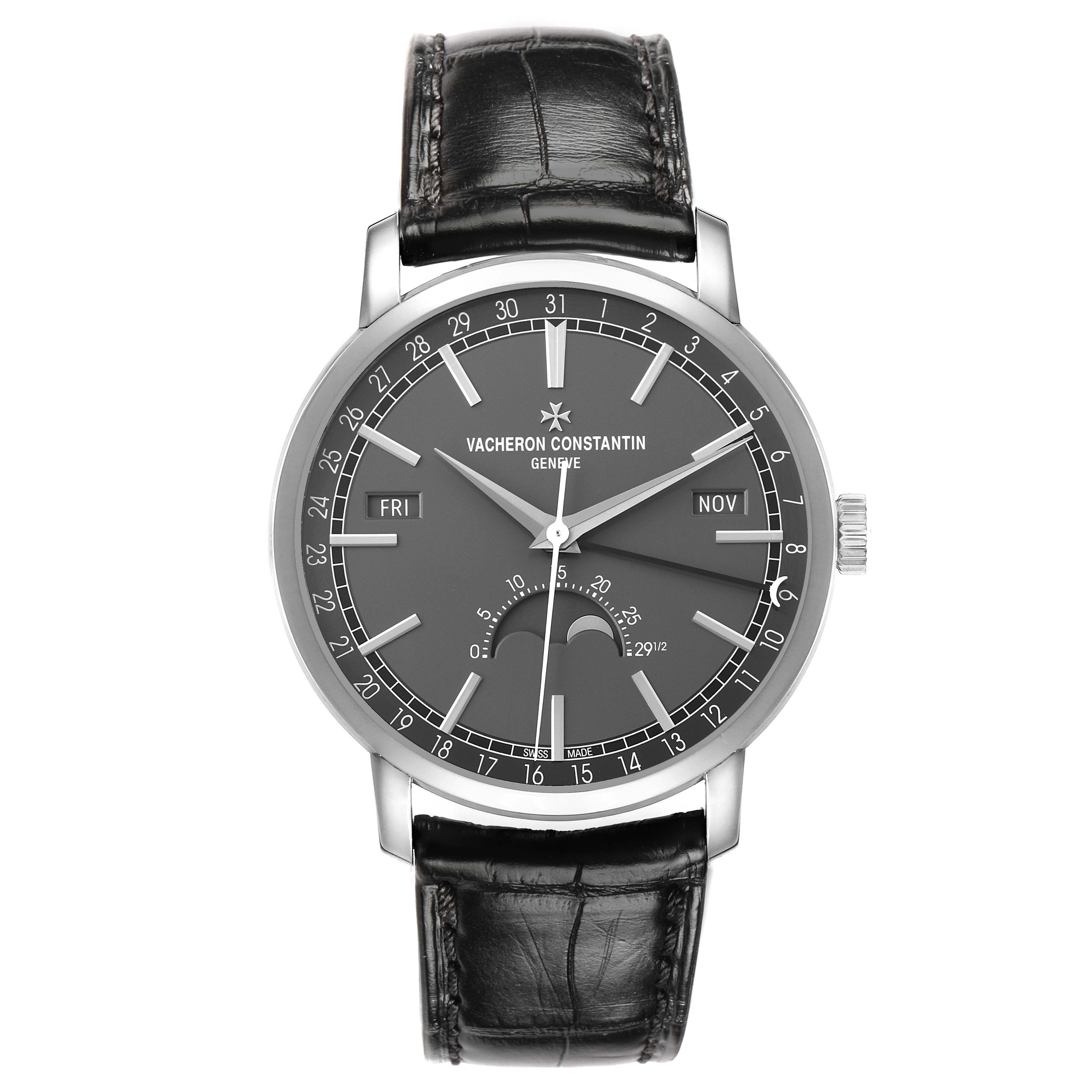 The Vacheron Constantin Traditionnelle 4010T/000G-B740 Men's White Gold Grey Dial watch is shown from the front, displaying its dial, markers, hands, and leather strap.