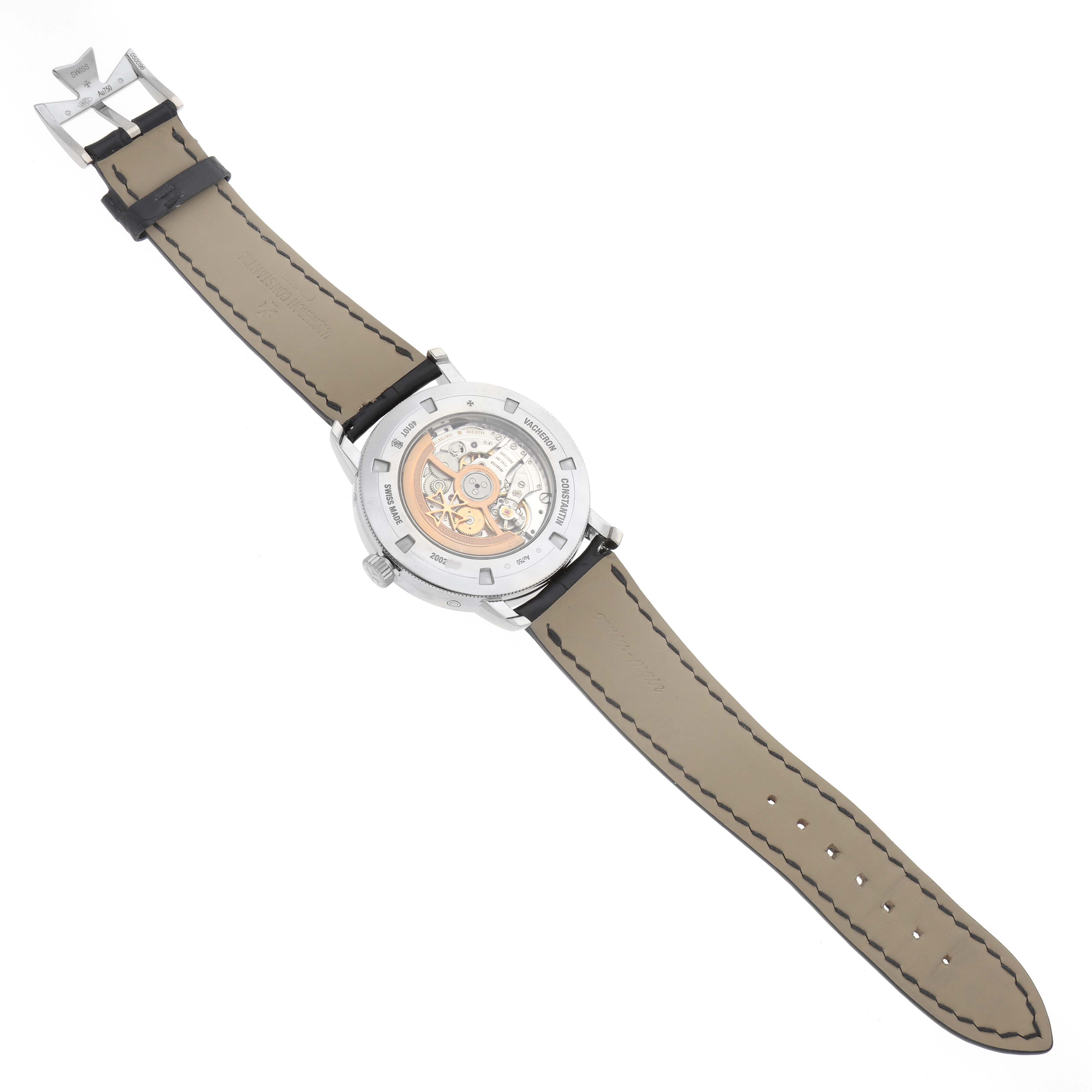 The image shows the back of the Vacheron Constantin Traditionnelle 4010T/000G-B740 Men's White Gold Grey Dial watch, highlighting the movement and strap stitching.