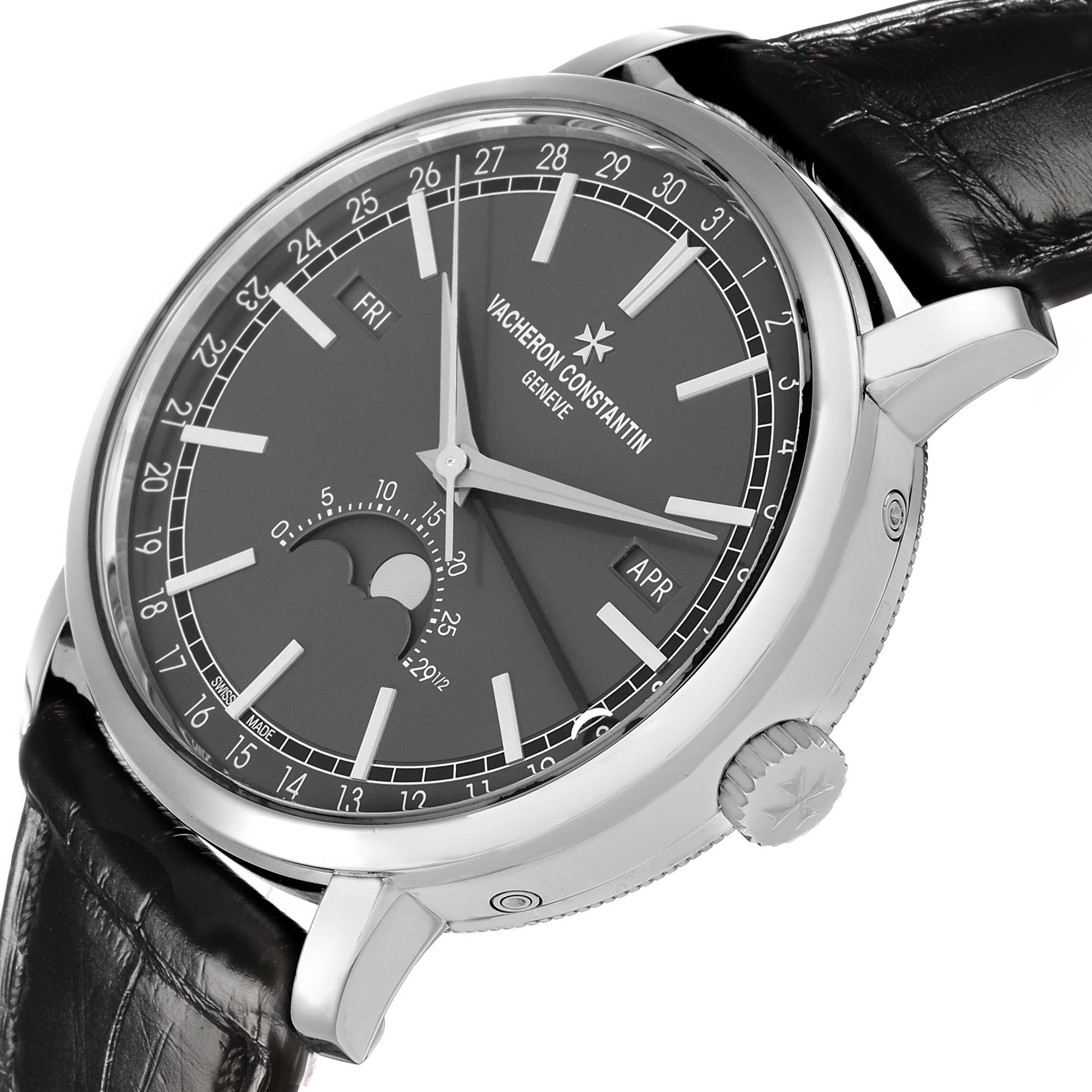 The Vacheron Constantin Traditionnelle 4010T/000G-B740 Men's White Gold Grey Dial watch is shown at a slight side angle, highlighting the dial, crown, and lugs.