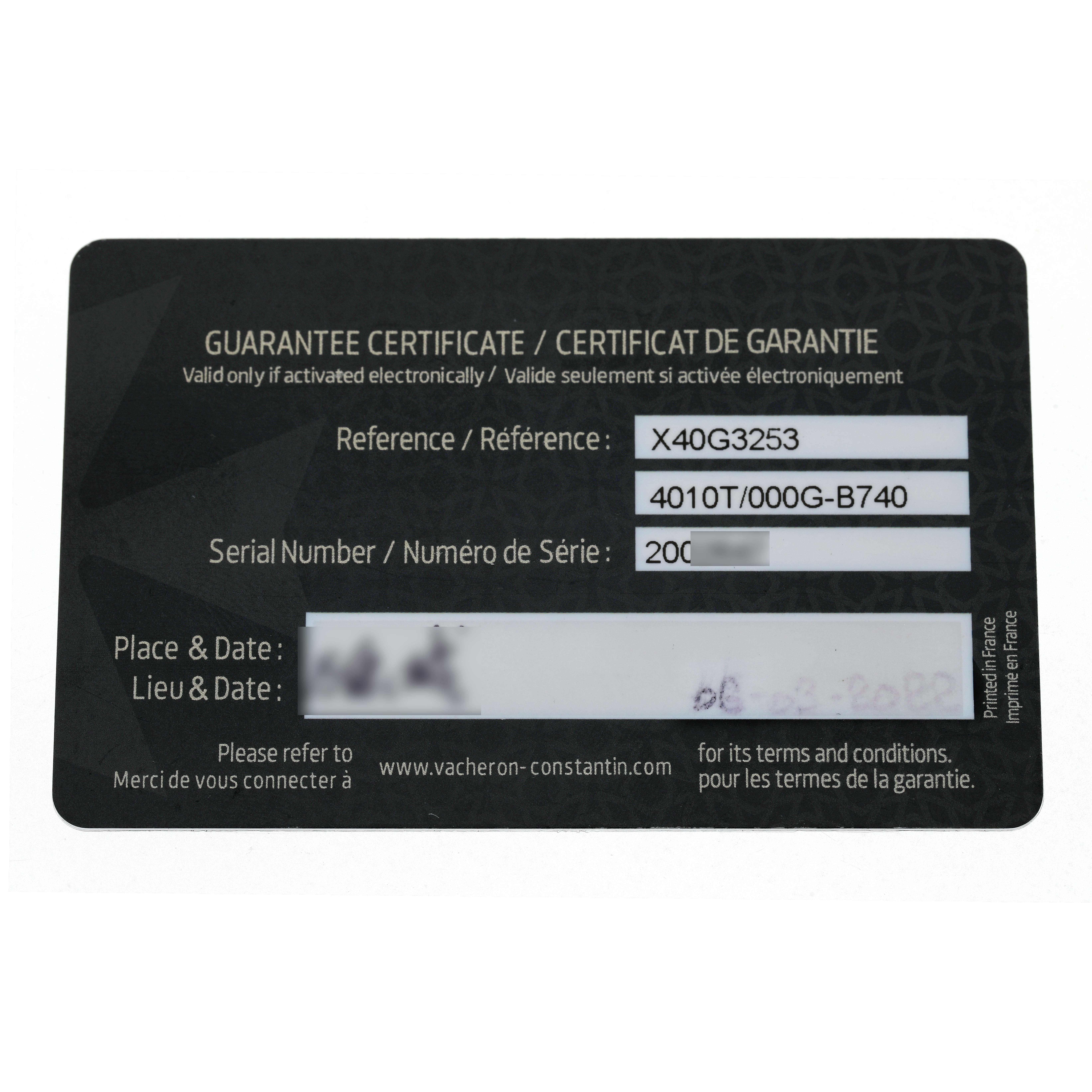 The image shows a guarantee certificate for the Vacheron Constantin Traditionnelle 4010T/000G-B740 Men's White Gold Grey Dial model, detailing reference and serial numbers.