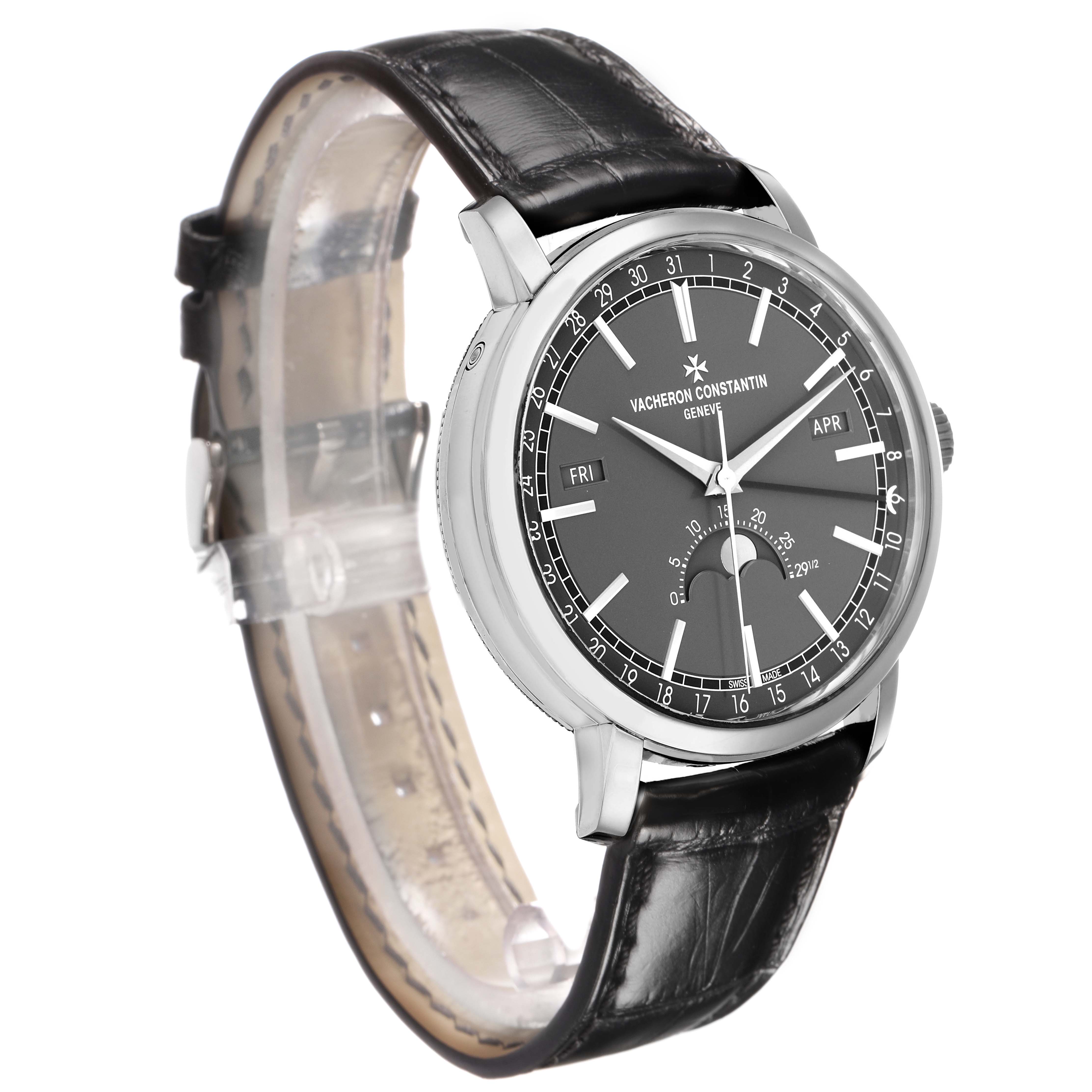 The Vacheron Constantin Traditionnelle 4010T/000G-B740 Men's White Gold Grey Dial watch is shown at a front-side angle, displaying the face, lugs, and black leather strap.