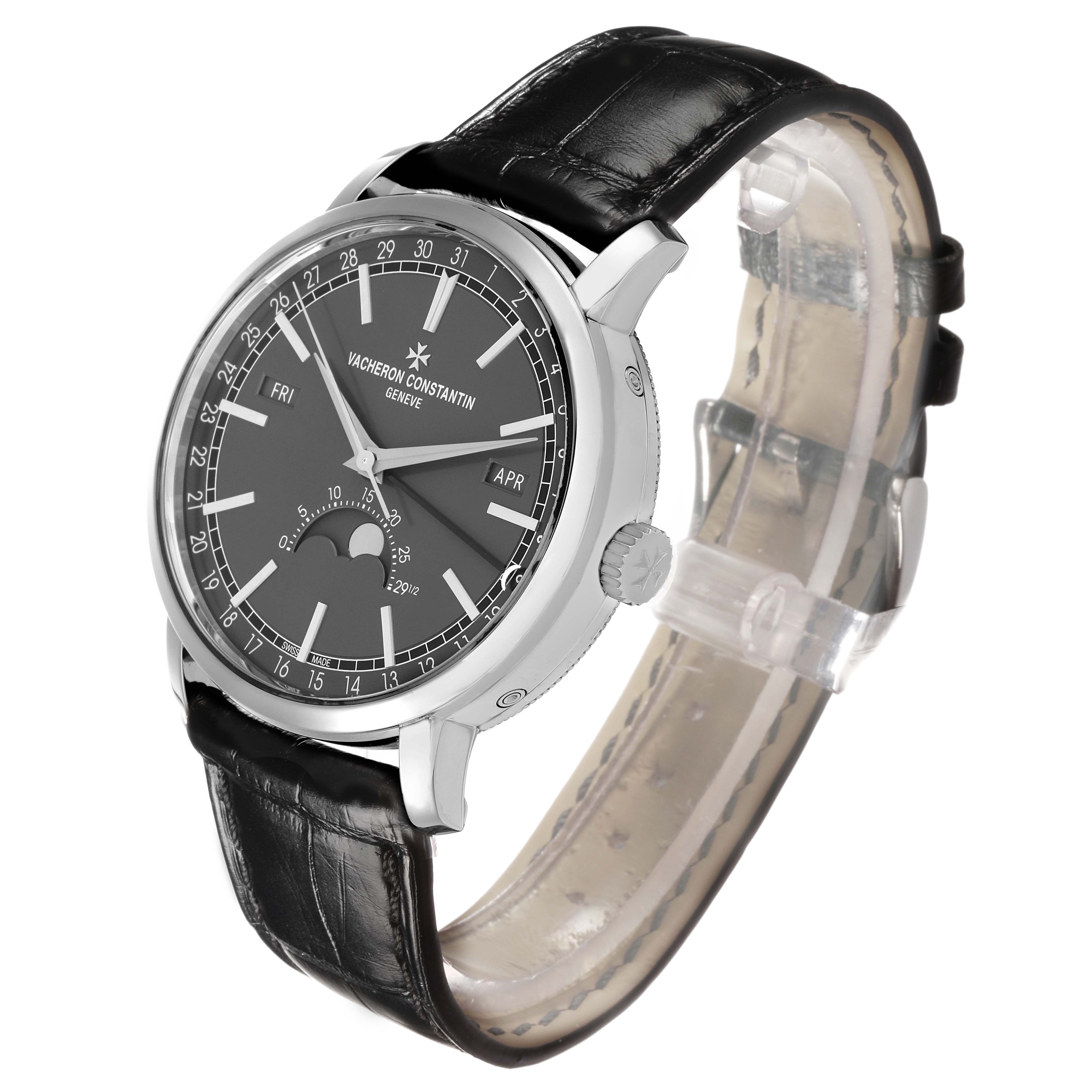 The Vacheron Constantin Traditionnelle 4010T/000G-B740 Men's White Gold Grey Dial watch is shown at a side angle, highlighting the dial, crown, and leather strap.