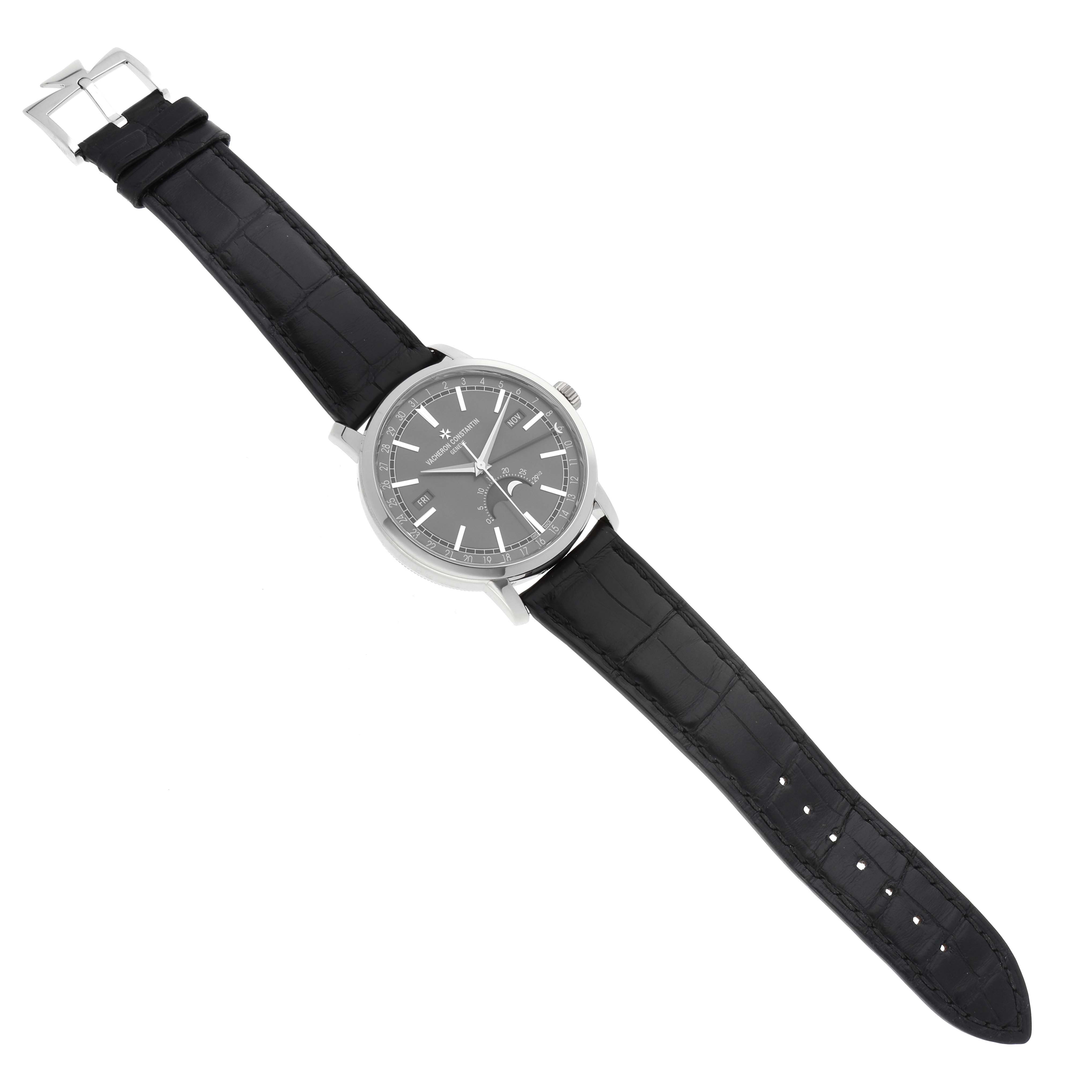 The Vacheron Constantin Traditionnelle 4010T/000G-B740 Men's White Gold Grey Dial watch is shown from a top-down angle, displaying the face, strap, and buckle.