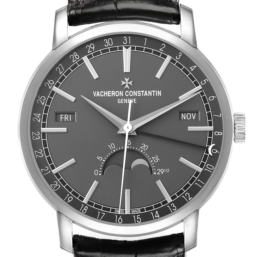 The Vacheron Constantin Traditionnelle 4010T/000G-B740 Men's White Gold Grey Dial watch is shown from the front, displaying its dial, day, month, date, and moon phase.