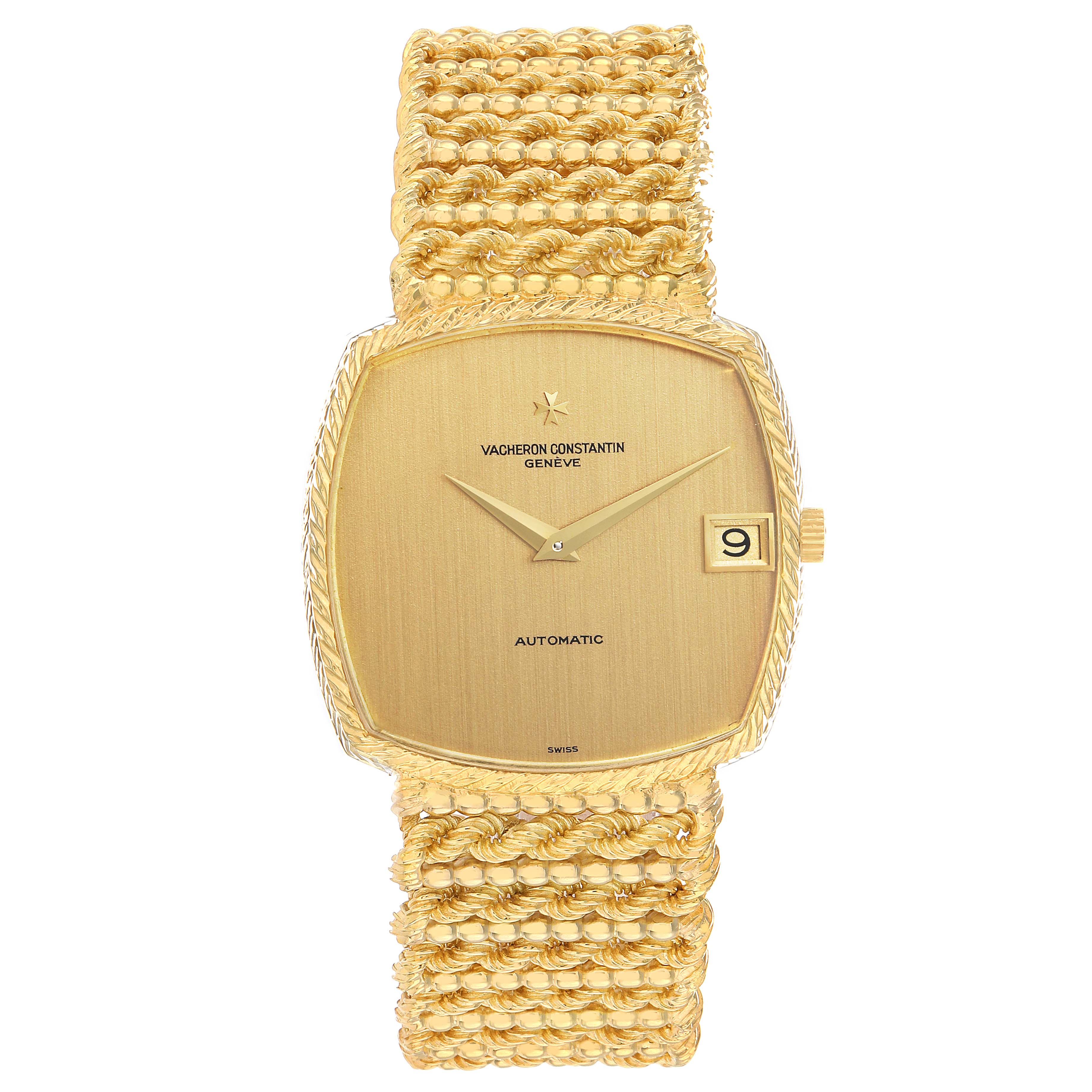 The Vacheron Constantin Vintage 44005/226 Men's Yellow Gold Yellow Dial watch is shown from a front angle, highlighting the gold dial, date window, and textured bracelet.