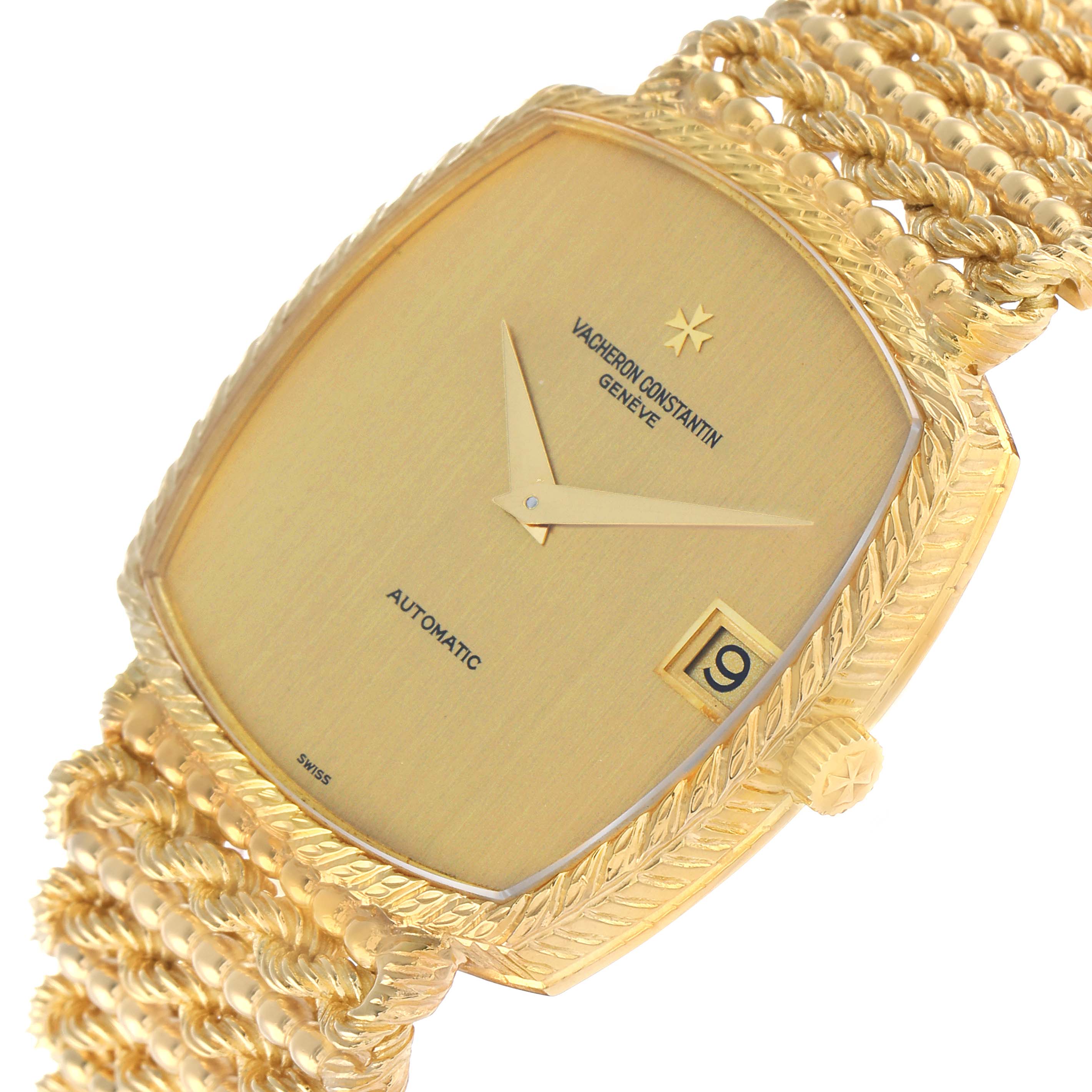 The Vacheron Constantin Vintage 44005/226 Men's Yellow Gold Yellow Dial watch is shown at an angled view, highlighting the dial, case, crown, and woven bracelet detail.