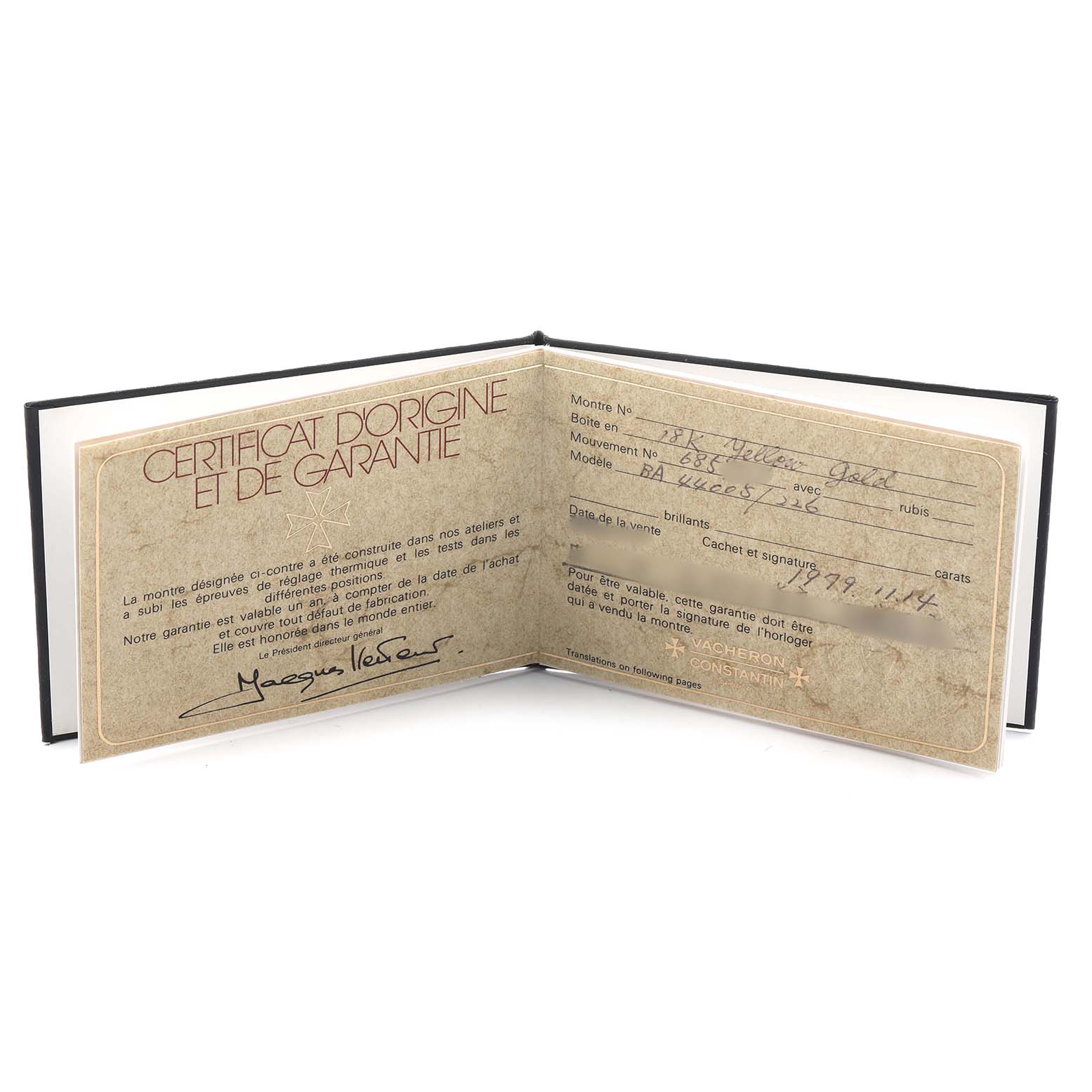 The image shows an open certificate for a Vacheron Constantin Vintage 44005/226 Men's Yellow Gold Yellow Dial watch, displaying warranty and origin details.