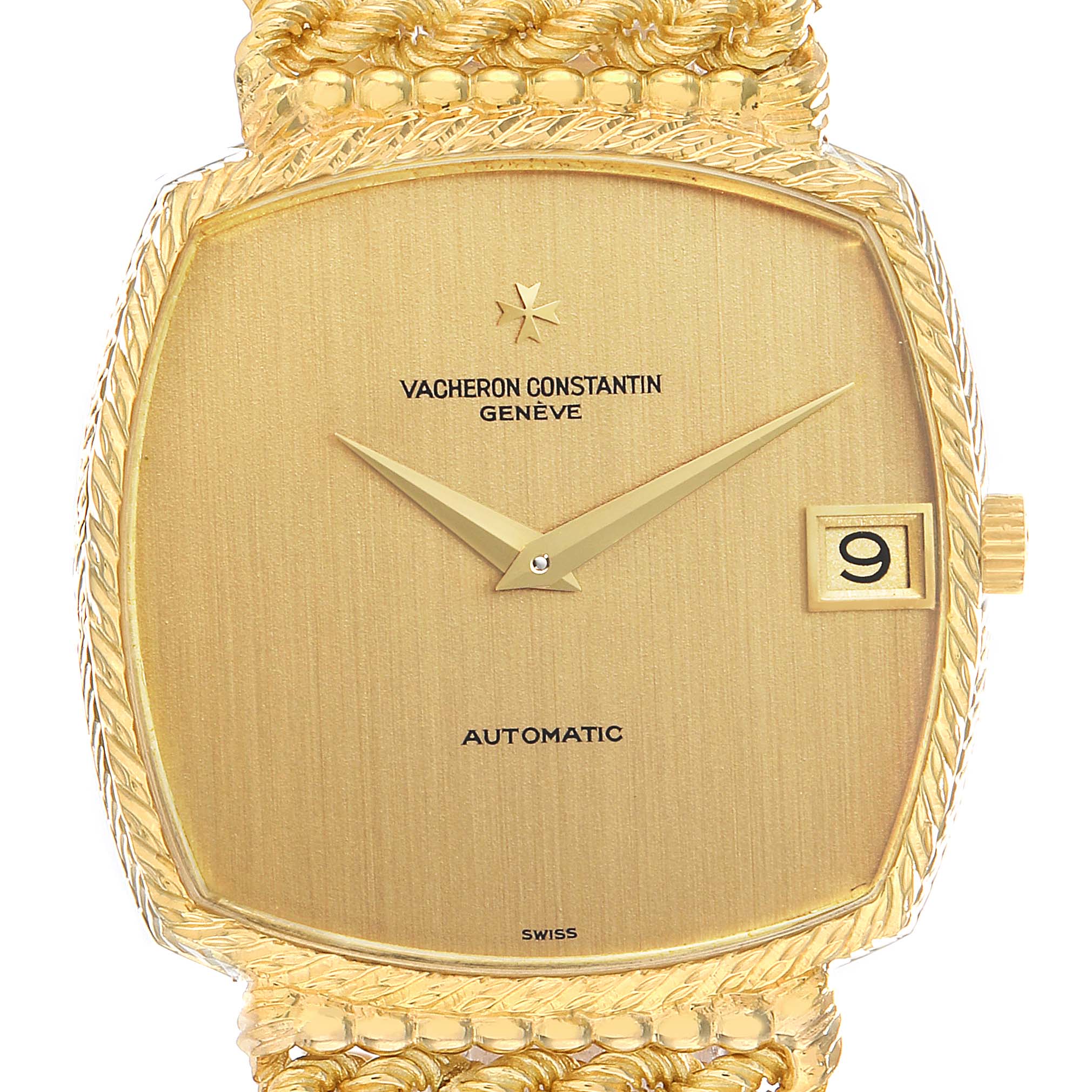 The image shows a front view of a Vintage Vacheron Constantin watch with a gold-toned dial, hands, and date window.