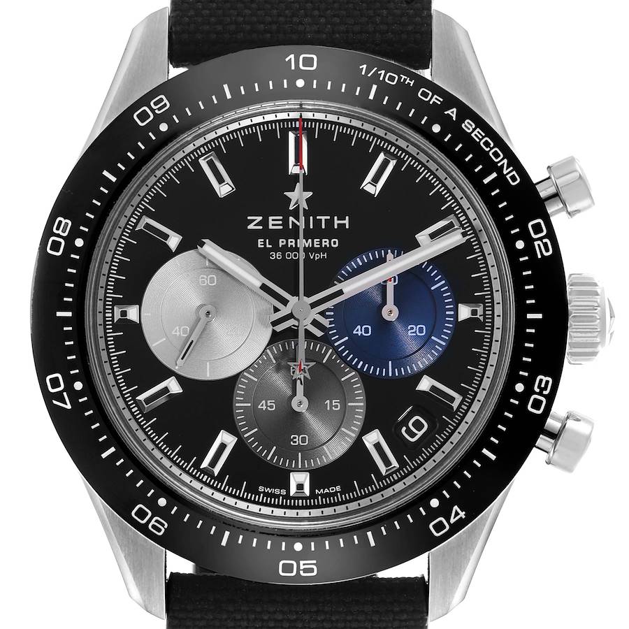 The Zenith Chronomaster watch is shown from a front angle, displaying its dial, bezel, and pushers.