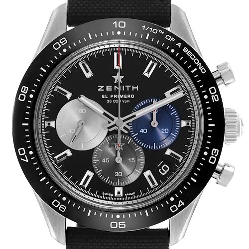 The Zenith Chronomaster watch is shown from a front view highlighting the dial, bezel, subdials, and pushers.