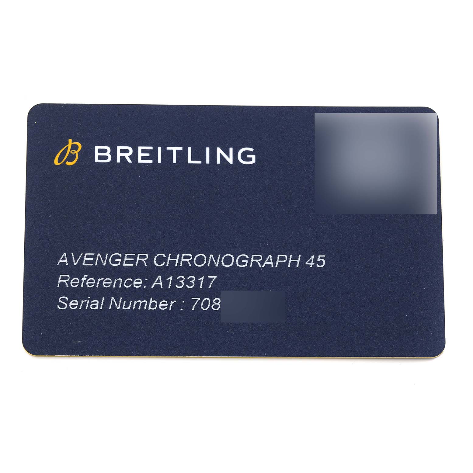 This image shows the warranty card for the Breitling Avenger A13317101B1X1 Men's Stainless Steel Black Dial A13317101B1X1 Men's Stainless Steel Black Dial Chronograph 45 watch, displaying the brand, model, reference, and serial number.