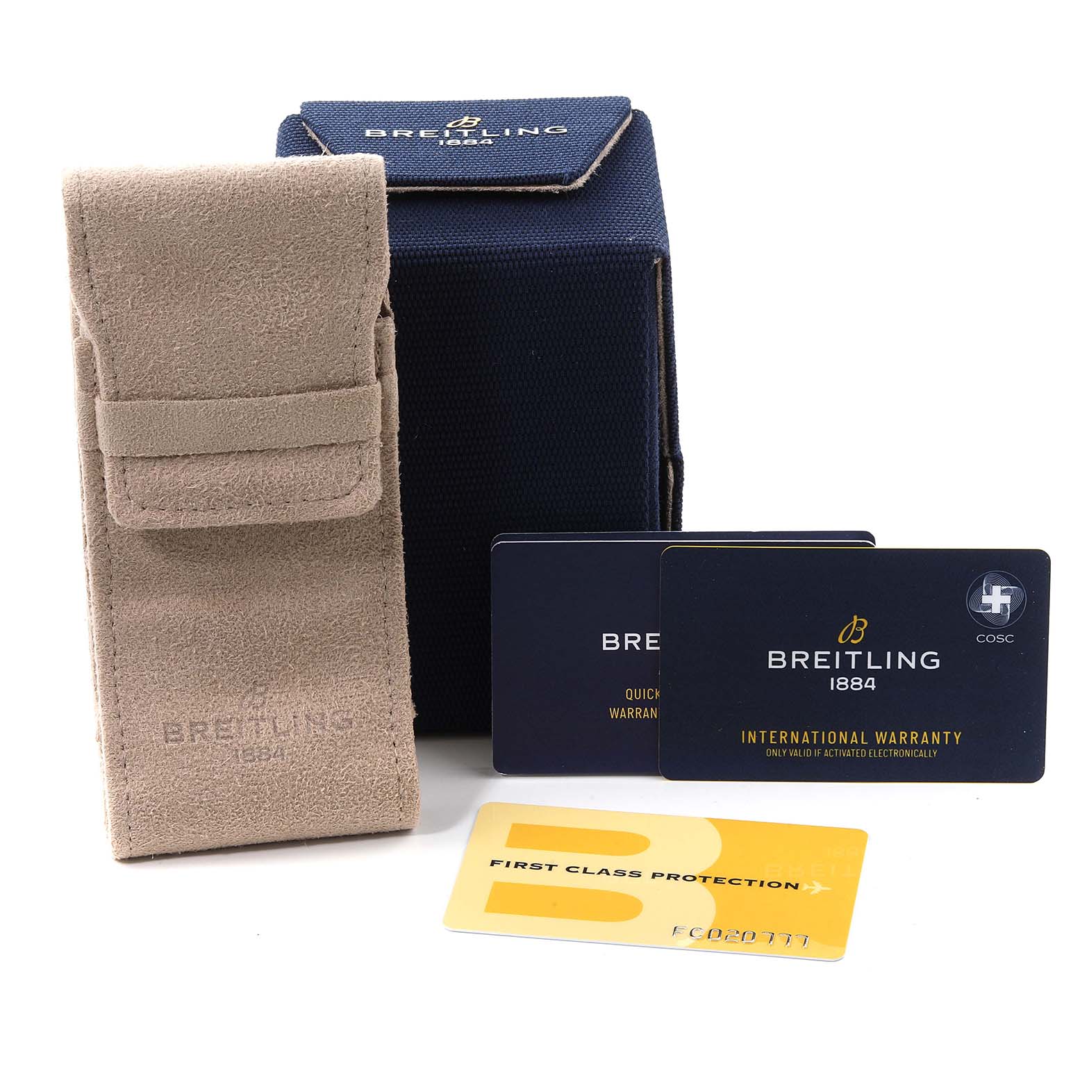 The image shows the packaging and accessories for a Breitling Avenger A13317101B1X1 Men's Stainless Steel Black Dial A13317101B1X1 Men's Stainless Steel Black Dial watch, including warranty cards and a protective case.