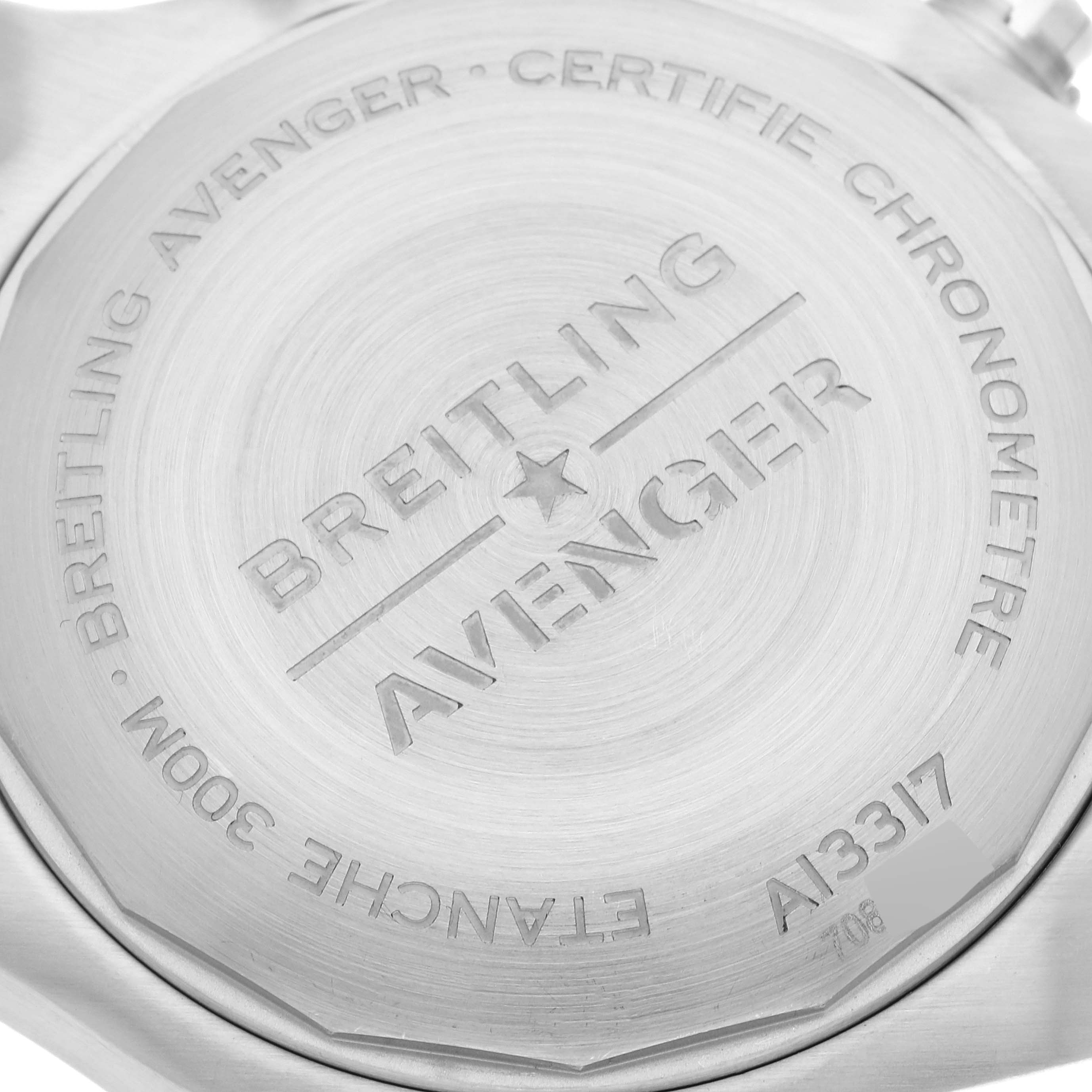 The image shows the back case of a Breitling Avenger A13317101B1X1 Men's Stainless Steel Black Dial A13317101B1X1 Men's Stainless Steel Black Dial watch with engravings detailing the model and specifications.