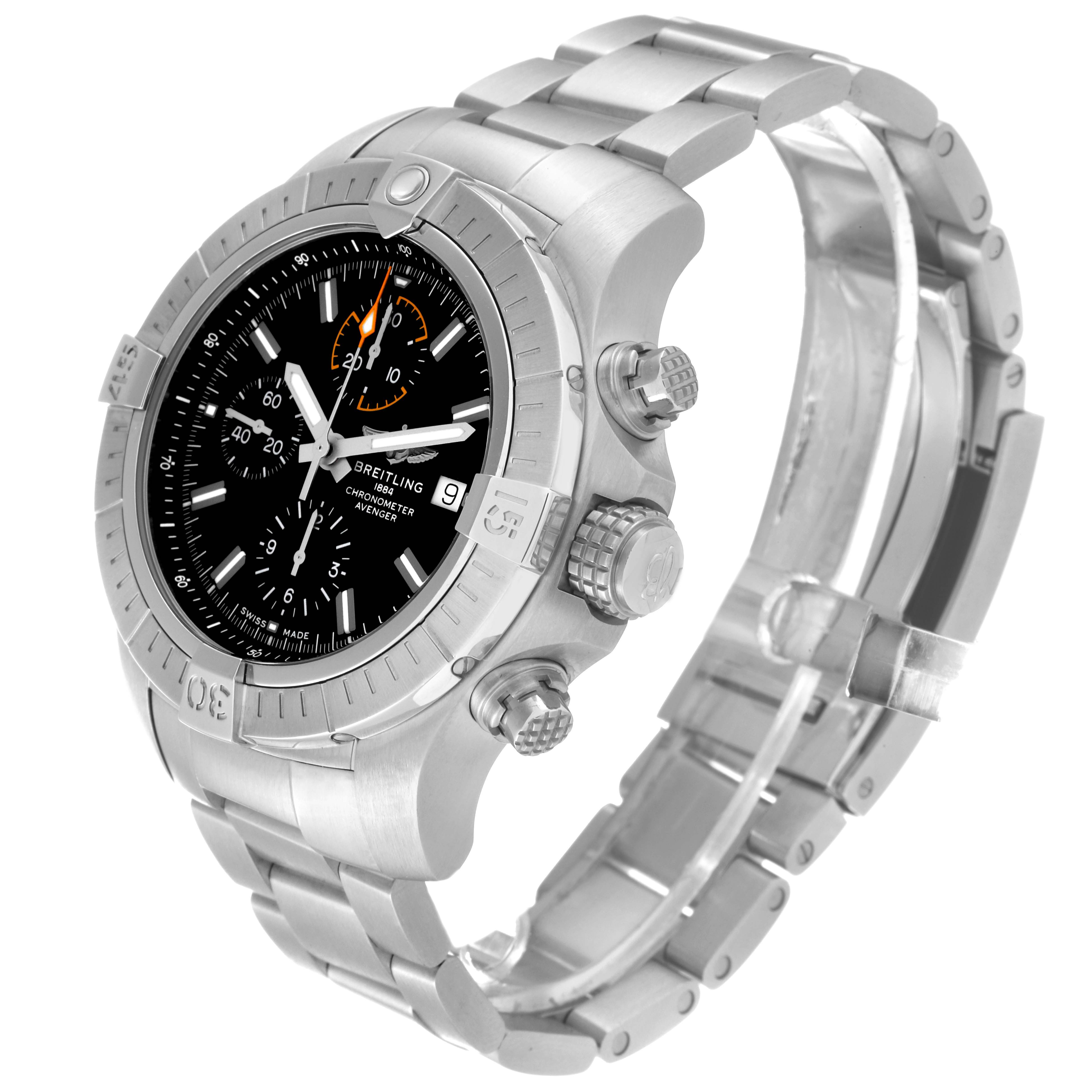 The Breitling Avenger A13317101B1X1 Men's Stainless Steel Black Dial A13317101B1X1 Men's Stainless Steel Black Dial watch is shown from a front-left angle, displaying the face, bezel, crown, and part of the strap.