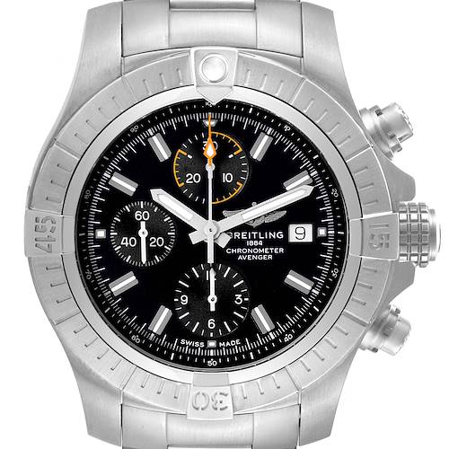 Photo of Breitling Avenger Chronograph 45 Black Dial Steel Mens Watch A13317 Box Card