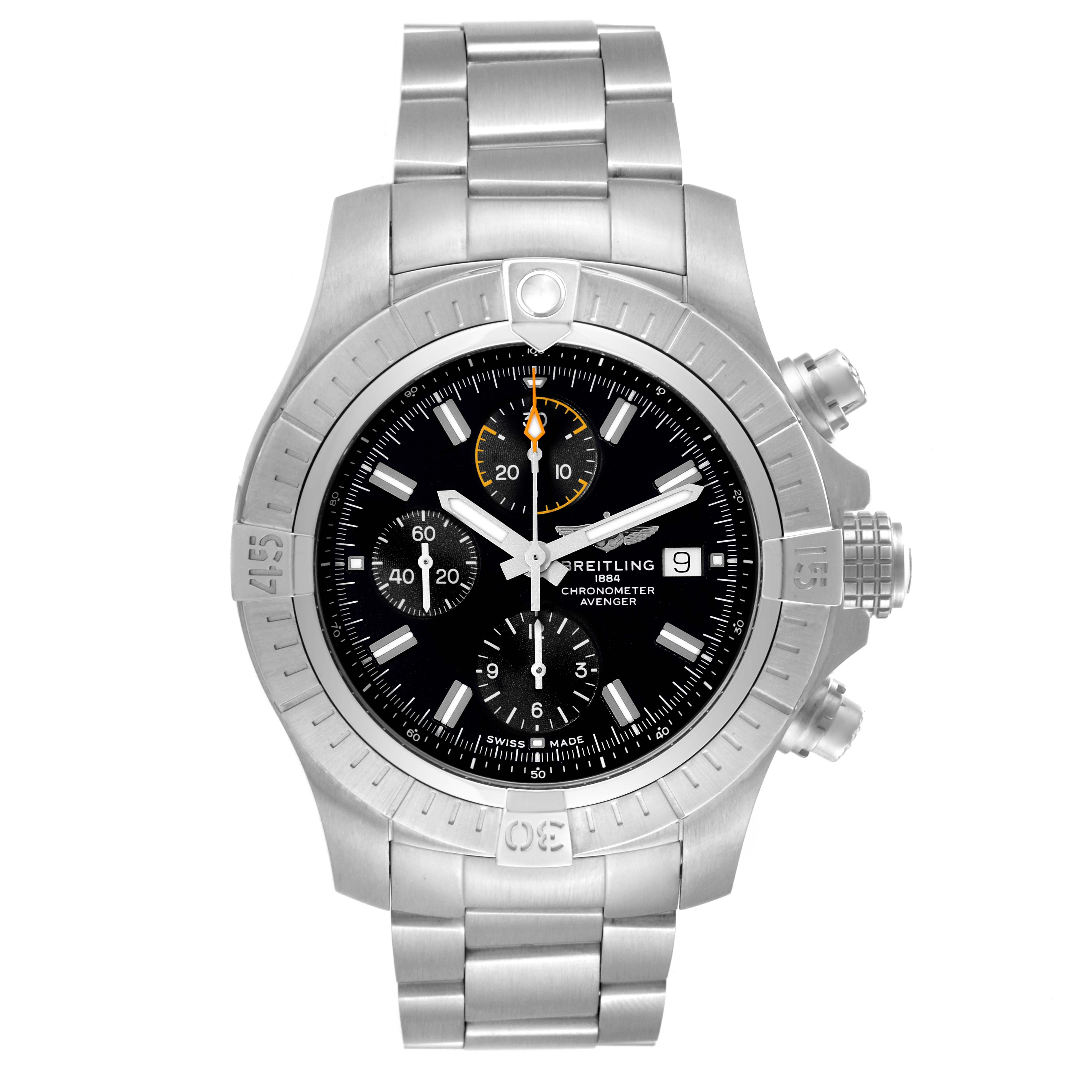 The image shows a front view of the Breitling Avenger A13317101B1X1 Men's Stainless Steel Black Dial A13317101B1X1 Men's Stainless Steel Black Dial watch, highlighting its dial, bezel, and stainless steel bracelet.