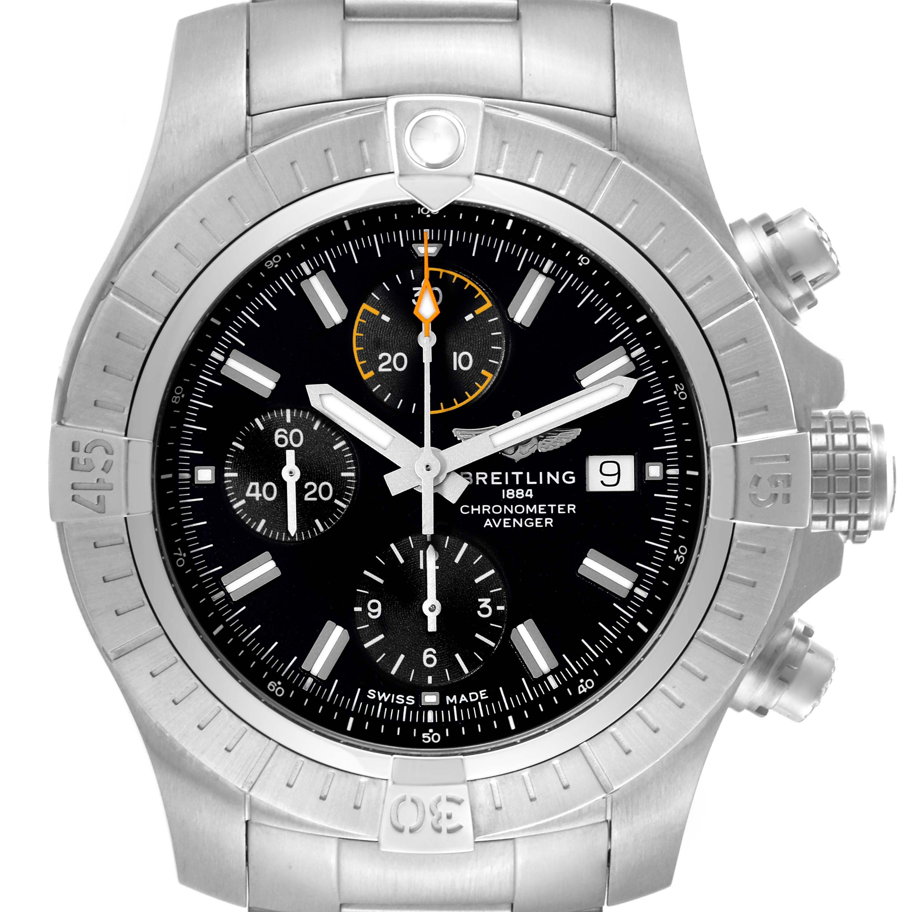 The image shows a front view of the Breitling Avenger A13317101B1X1 Men's Stainless Steel Black Dial A13317101B1X1 Men's Stainless Steel Black Dial watch, highlighting the dial, subdials, date, bezel, and crown.